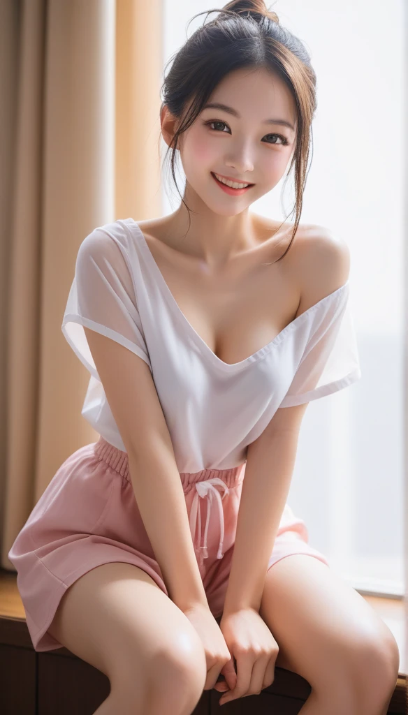 (8k Ultra HD, RAW photograph, Model photo shot,  photoGenuineistic, High resolution, photograph, cinematic lighting, highest quality, Best quality, masterpiece,) BREAK she has small Breasts, (((perky breasts))), (covered nipples), slender waist, BREAK , slender waist, skinny, ((east asian, Gal, baby face , round face, brown eyes)) , smiling, wolf cut hair  BREAK (((extreamly close-up face, looking at viewer,))), ((1 lady is putting hands on knees, Brushing hair up , she is wearing loose laces-up oversized shirts , cropped shoulders, loose fashion , separate breasts, no bra , dropped breasts, sheer sporty trainning pants, wariza, spread knees outward, separate breasts, bending over, all four)), 