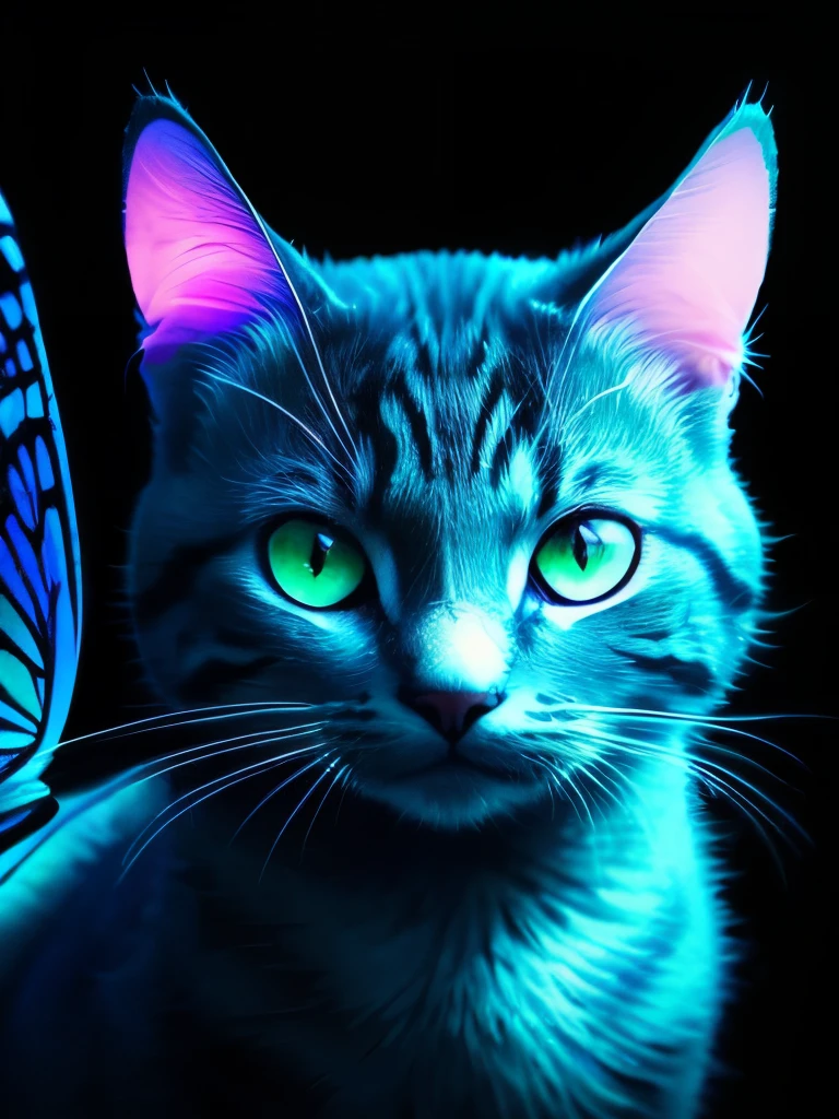 there is a cat that is looking at a butterfly in the dark, it is glowing, magical glowing eyes, green glowing eyes, with glowing eyes, beautiful neon cats, adorable glowing creature, glowing in the dark, beautiful glowing eyes, glowing butterflies, warrior cats, beautiful blue glowing eyes, electric cats that fly over ice, white glowing eyes, blue glowing eyes