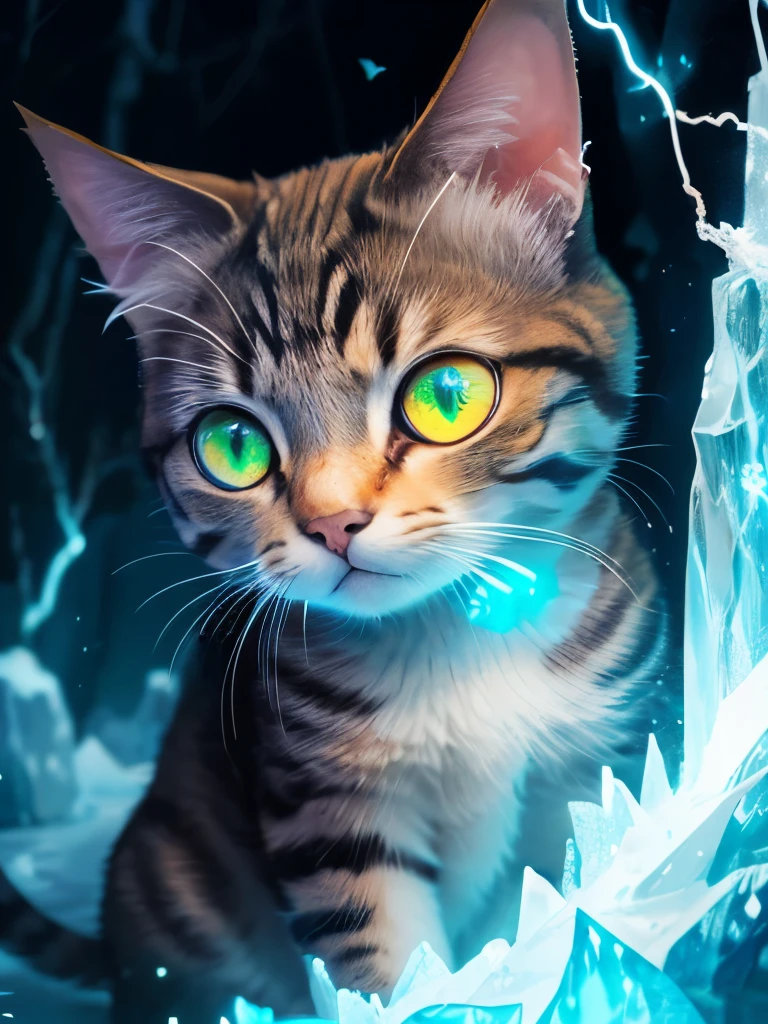 there is a cat that is looking at a butterfly in the dark, it is glowing, magical glowing eyes, green glowing eyes, with glowing eyes, beautiful neon cats, adorable glowing creature, glowing in the dark, beautiful glowing eyes, glowing butterflies, warrior cats, beautiful blue glowing eyes, electric cats that fly over ice, white glowing eyes, blue glowing eyes