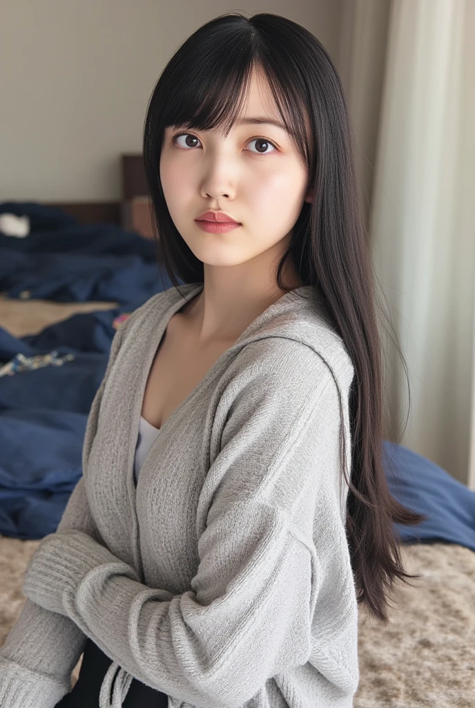 Full body shot from the front、Wear off-the-shoulder mini one-piece pajamas, bend your knees, spread your legs, take a cross-legged pose, and sit while looking at me, Slender bare legs 、smile、The background is a monotone 

