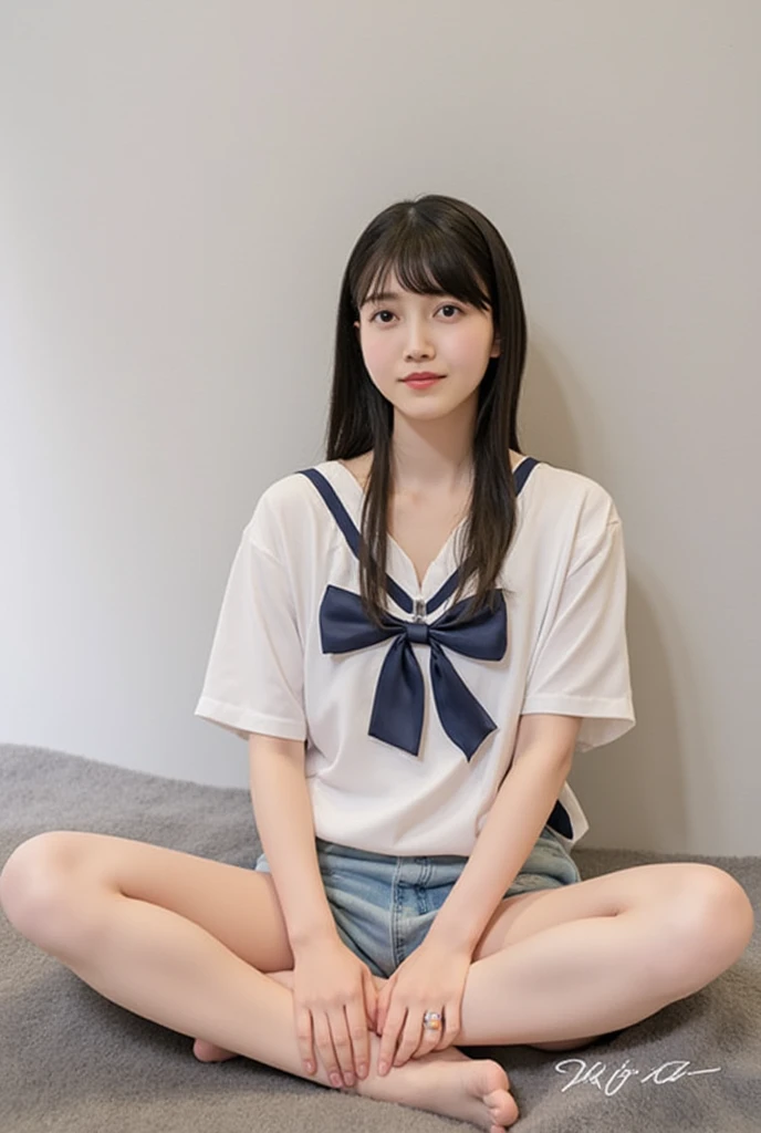 Full body shot from the front、Wear off-the-shoulder mini one-piece pajamas, bend your knees, spread your legs, take a cross-legged pose, and sit while looking at me, Slender bare legs 、smile、The background is a monotone 

