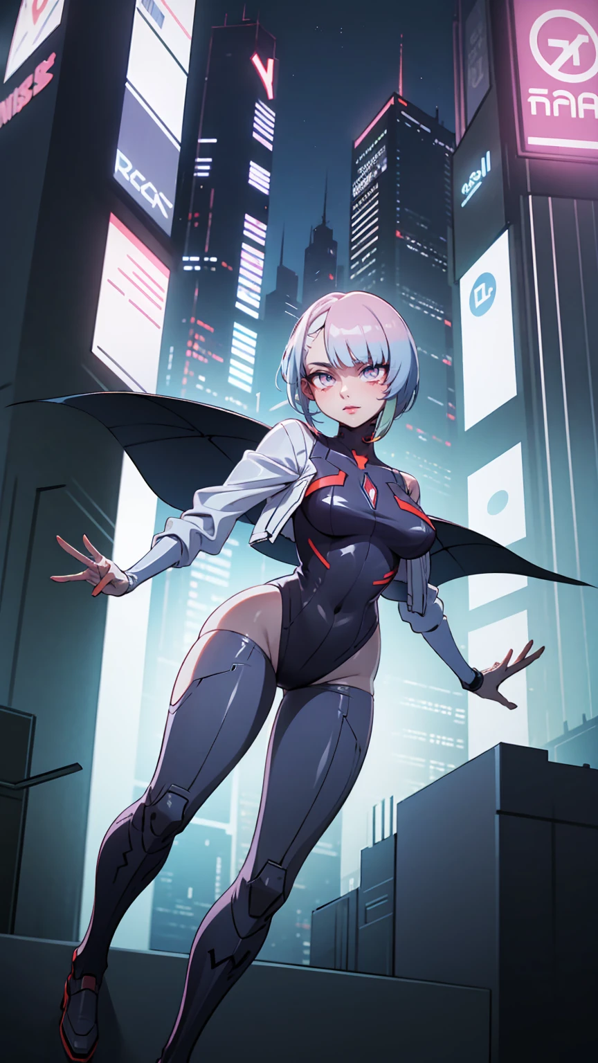 Lucia \(cyberpunk\), 1 , body, open white jacket, aboveper body,  looking at the viewer , Alone, Neon light, night, cyberpunk city background, Scoring_9, Scoring_8_above, Scoring_7_above, Scoring_6_above, source_anime  