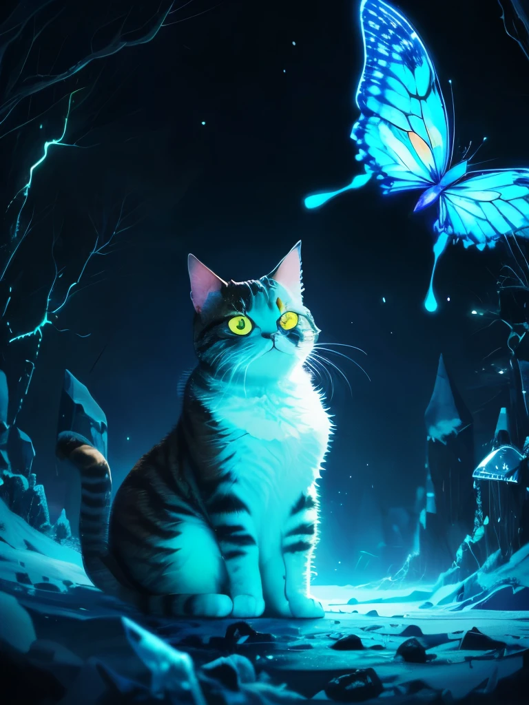 there is a cat that is looking at a butterfly in the dark, it is glowing, magical glowing eyes, green glowing eyes, with glowing eyes, beautiful neon cats, adorable glowing creature, glowing in the dark, beautiful glowing eyes, glowing butterflies, warrior cats, beautiful blue glowing eyes, electric cats that fly over ice, white glowing eyes, blue glowing eyes