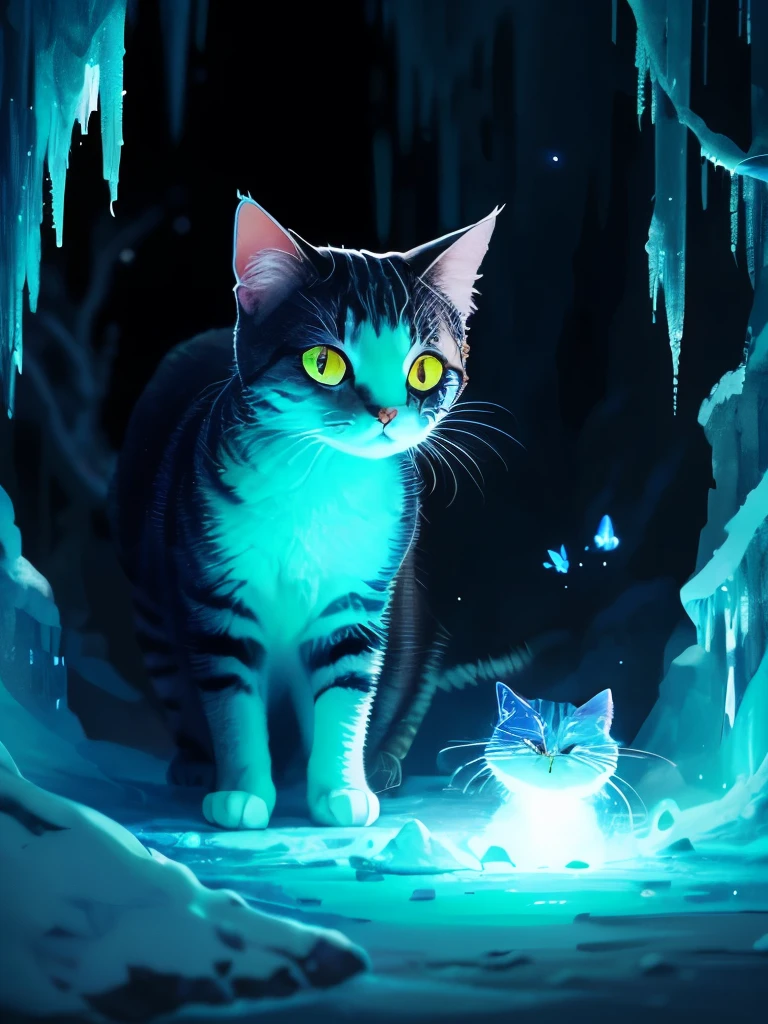 there is a cat that is looking at a butterfly in the dark, it is glowing, magical glowing eyes, green glowing eyes, with glowing eyes, beautiful neon cats, adorable glowing creature, glowing in the dark, beautiful glowing eyes, glowing butterflies, warrior cats, beautiful blue glowing eyes, electric cats that fly over ice, white glowing eyes, blue glowing eyes