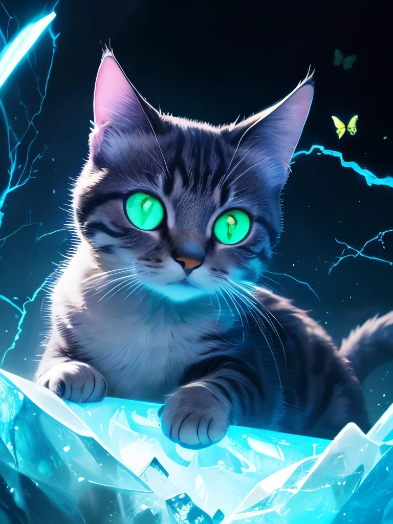 there is a cat that is looking at a butterfly in the dark, it is glowing, magical glowing eyes, green glowing eyes, with glowing eyes, beautiful neon cats, adorable glowing creature, glowing in the dark, beautiful glowing eyes, glowing butterflies, warrior cats, beautiful blue glowing eyes, electric cats that fly over ice, white glowing eyes, blue glowing eyes