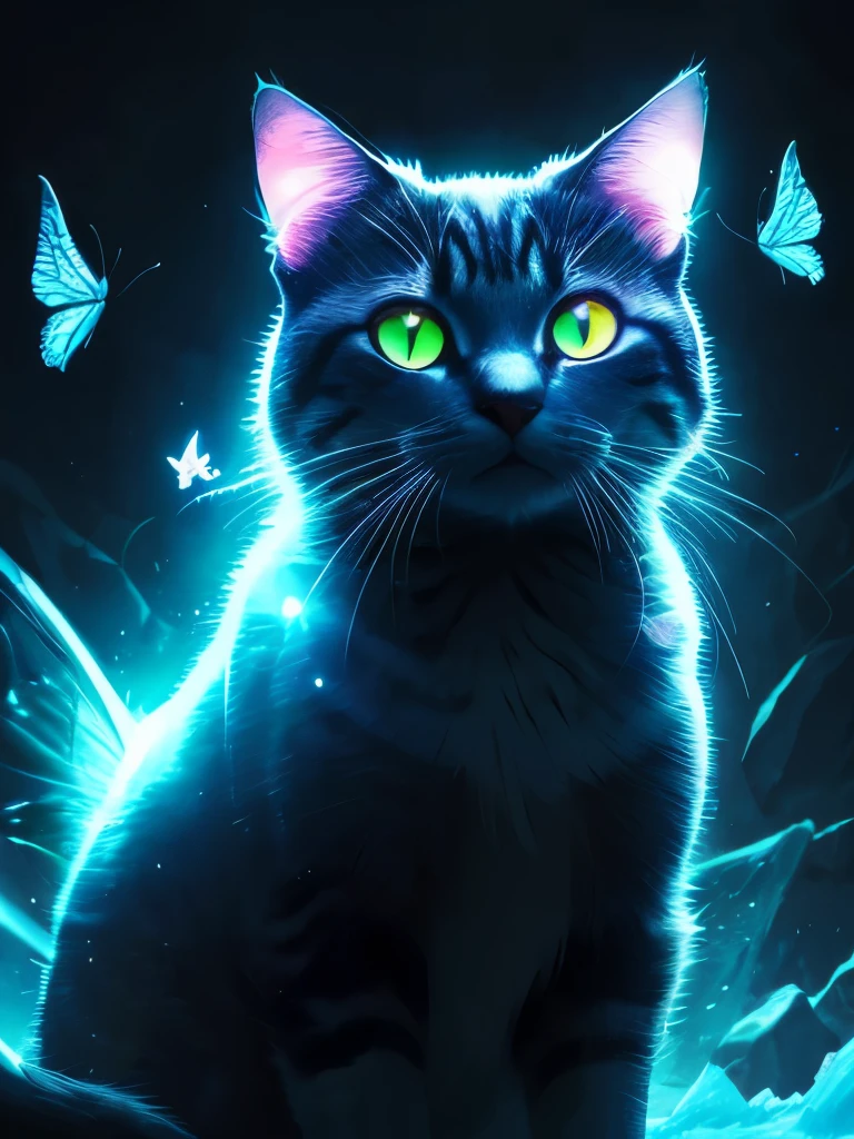 there is a cat that is looking at a butterfly in the dark, it is glowing, magical glowing eyes, green glowing eyes, with glowing eyes, beautiful neon cats, adorable glowing creature, glowing in the dark, beautiful glowing eyes, glowing butterflies, warrior cats, beautiful blue glowing eyes, electric cats that fly over ice, white glowing eyes, blue glowing eyes