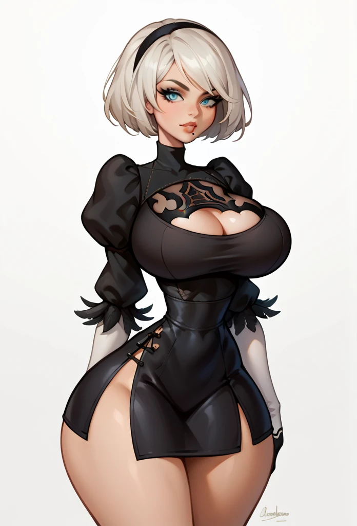 1girl, 2b, nier automata, narrow waist, wide hips, thin waist, look at viewer, big Breast, bursting_breasts, upper_body, wide hips, hyper endowed, white background, black skirt, intricate,