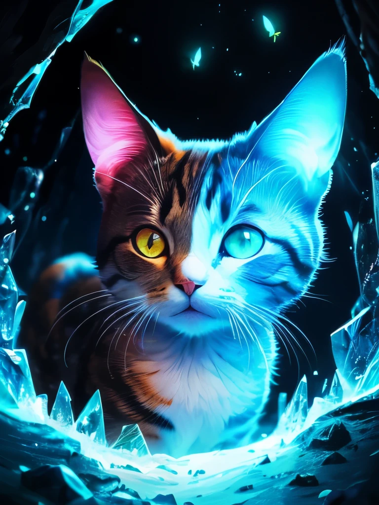 there is a cat that is looking at a butterfly in the dark, it is glowing, magical glowing eyes, green glowing eyes, with glowing eyes, beautiful neon cats, adorable glowing creature, glowing in the dark, beautiful glowing eyes, glowing butterflies, warrior cats, beautiful blue glowing eyes, electric cats that fly over ice, white glowing eyes, blue glowing eyes