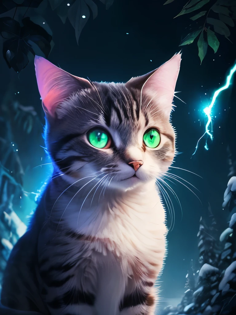 there is a cat that is looking at a butterfly in the dark, it is glowing, magical glowing eyes, green glowing eyes, with glowing eyes, beautiful neon cats, adorable glowing creature, glowing in the dark, beautiful glowing eyes, glowing butterflies, warrior cats, beautiful blue glowing eyes, electric cats that fly over ice, white glowing eyes, blue glowing eyes