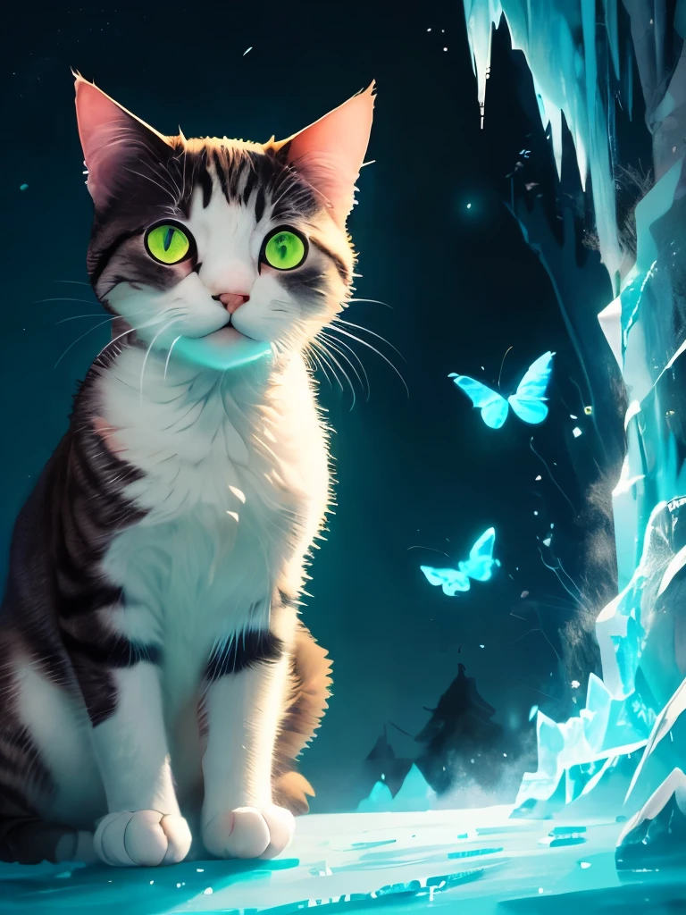 there is a cat that is looking at a butterfly in the dark, it is glowing, magical glowing eyes, green glowing eyes, with glowing eyes, beautiful neon cats, adorable glowing creature, glowing in the dark, beautiful glowing eyes, glowing butterflies, warrior cats, beautiful blue glowing eyes, electric cats that fly over ice, white glowing eyes, blue glowing eyes