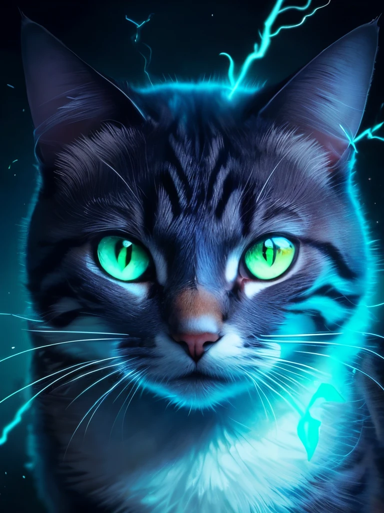 there is a cat that is looking at a butterfly in the dark, it is glowing, magical glowing eyes, green glowing eyes, with glowing eyes, beautiful neon cats, adorable glowing creature, glowing in the dark, beautiful glowing eyes, glowing butterflies, warrior cats, beautiful blue glowing eyes, electric cats that fly over ice, white glowing eyes, blue glowing eyes