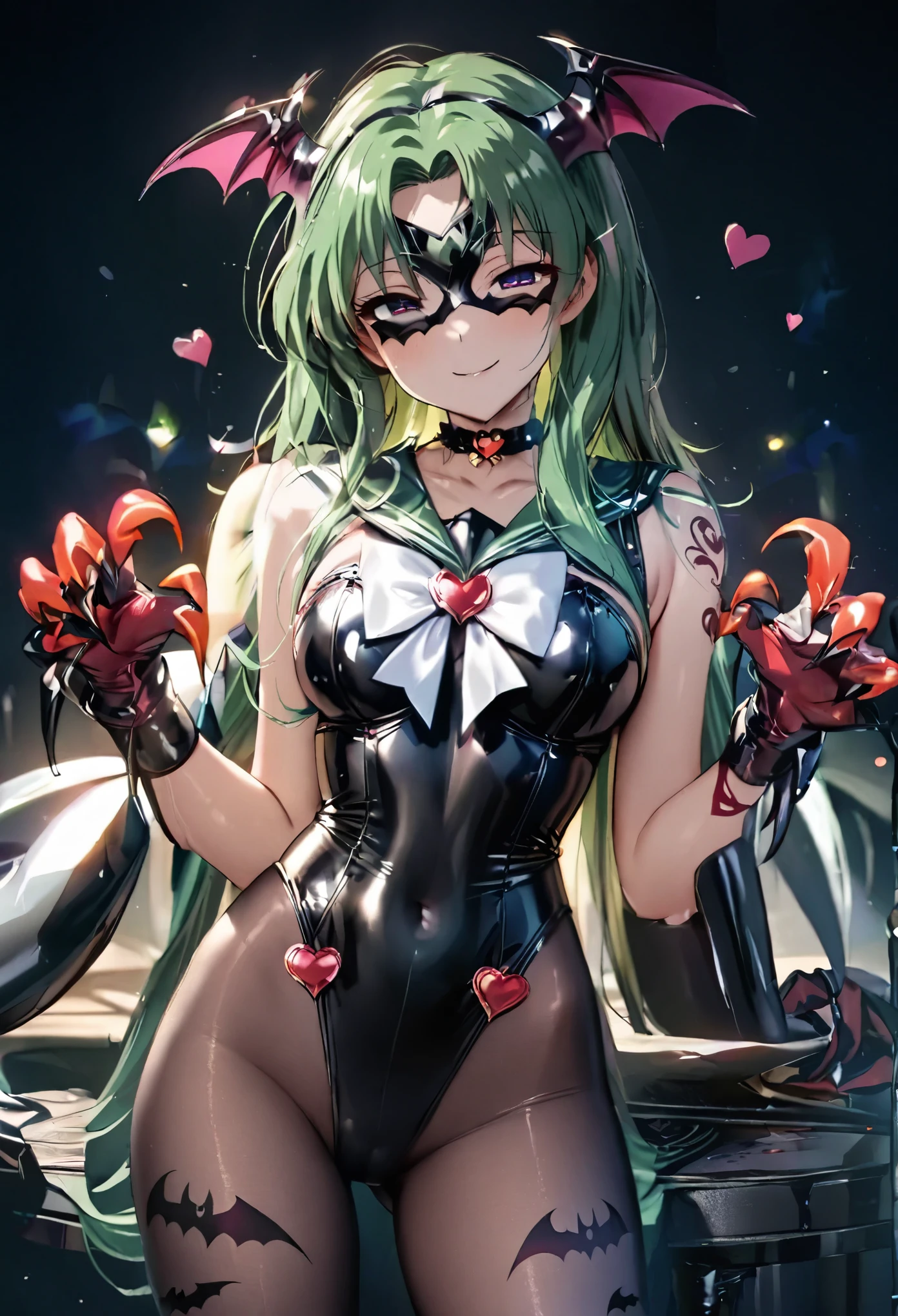 Sailor Neptune. Succubus-style. Sequin costume. green hair. Shoulder. Bat motif brassiere. Bat motif eye mask. Semi-long hair. High legs. Body tights. Tattoo of a heart on the lower abdomen. Sharp claws. Black paint hands. Yandere Smile. Dark mist background.