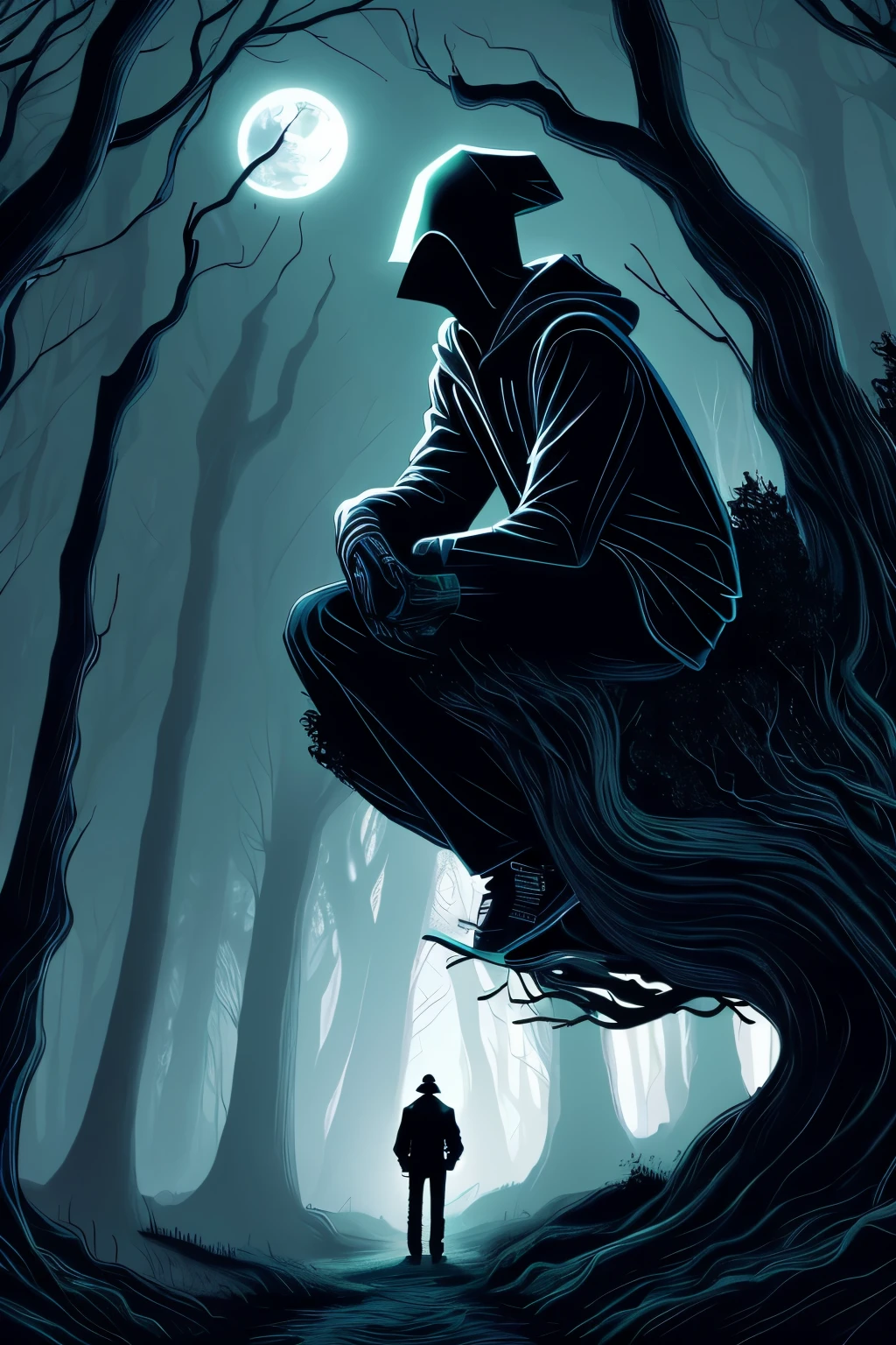 Create a hyper-realistic digital artwork of a young man facing the viewer, ominous forest at night. The young man is dressed in a hoodie and jeans, with an anxious, cautious posture as he walks into the forest. His head is turned slightly over his shoulder, as if sensing something behind him, with a worried expression. The forest is dense, with tall, twisted trees reaching like clawed hands towards a faint moon in the sky. Deep in the background, a separate, shadowy figure stands partially hidden in the mist, completely separate from the protagonist. The figure has no clear features, only a dark silhouette that adds an eerie threat to the scene. Use colors like deep greens, blacks, and grays, with faint fog to add a haunting, mysterious atmosphere.