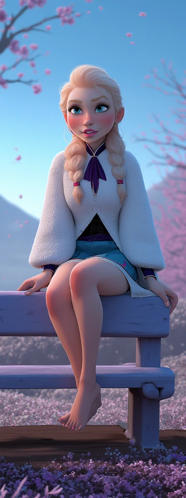 elsa arendelle, mini skirt, barefoot, crossing leg, sitting on a bench, 3d render
 