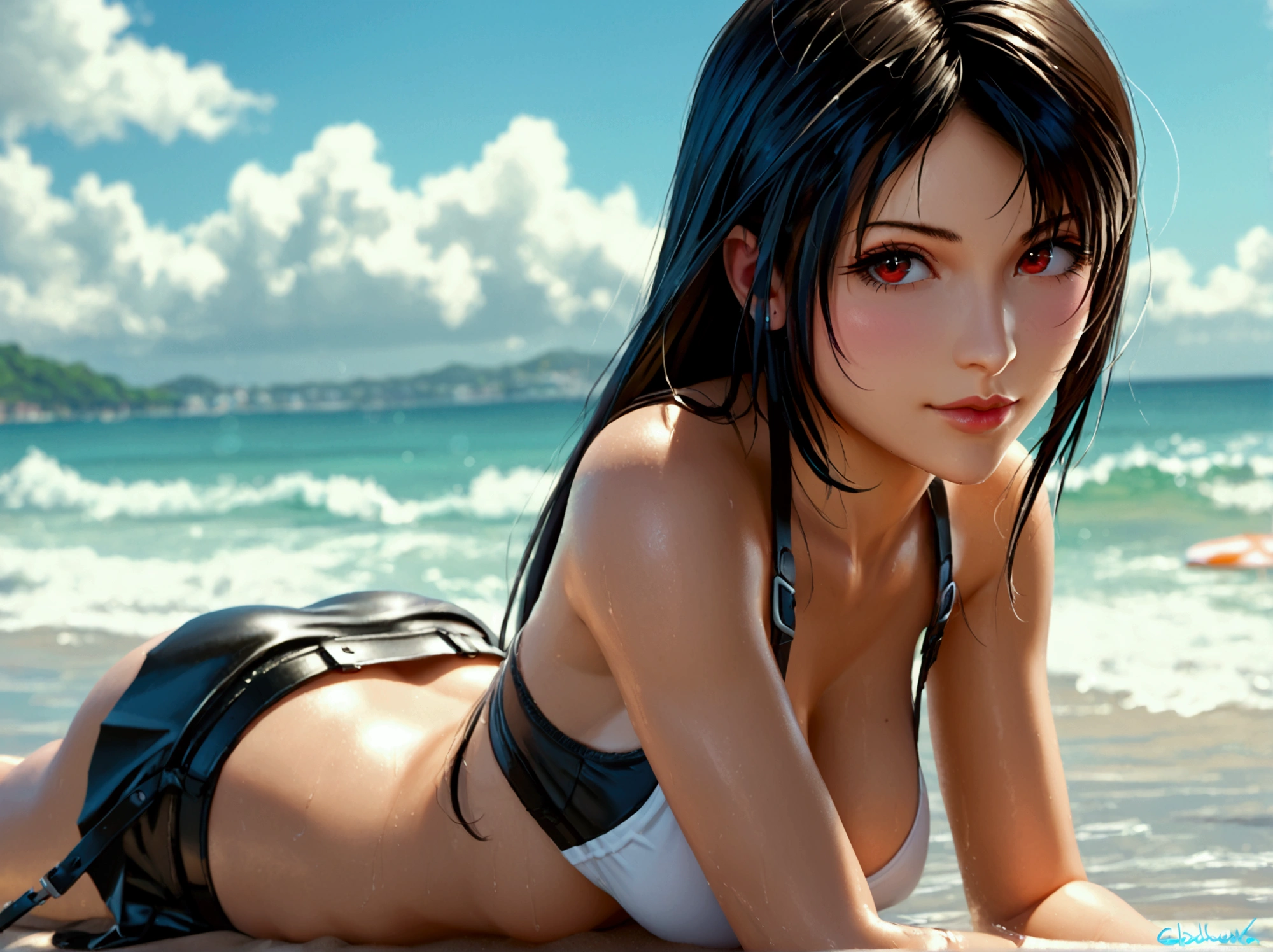 Ala Fed woman lying on the beach in black bikini, realistic bikini, skin tanned, wet shiny skin, [ 4 k photorealism ]!!, [ 4 k photorealism ]!!!, Oiled skin, Photorealistic perfect body, sweaty 4 k, close up half body shot, [ 4 k photorealism ]
