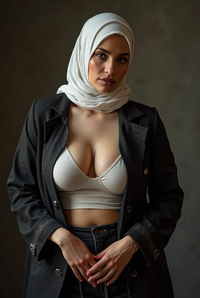 Mature milf 60 years old lady jururawat white sport hijab, face of erra fazira, wrinkled facial complexion, wearing strapless bra, busty dropy breast, very shiny skin oily cleavage and armpit, showing off her armpit, beautiful perfect body, ustazah with long veil hijab resting on her shoulders,  wearing white thight satin slack trousers, full body camera shot, wearing white heels