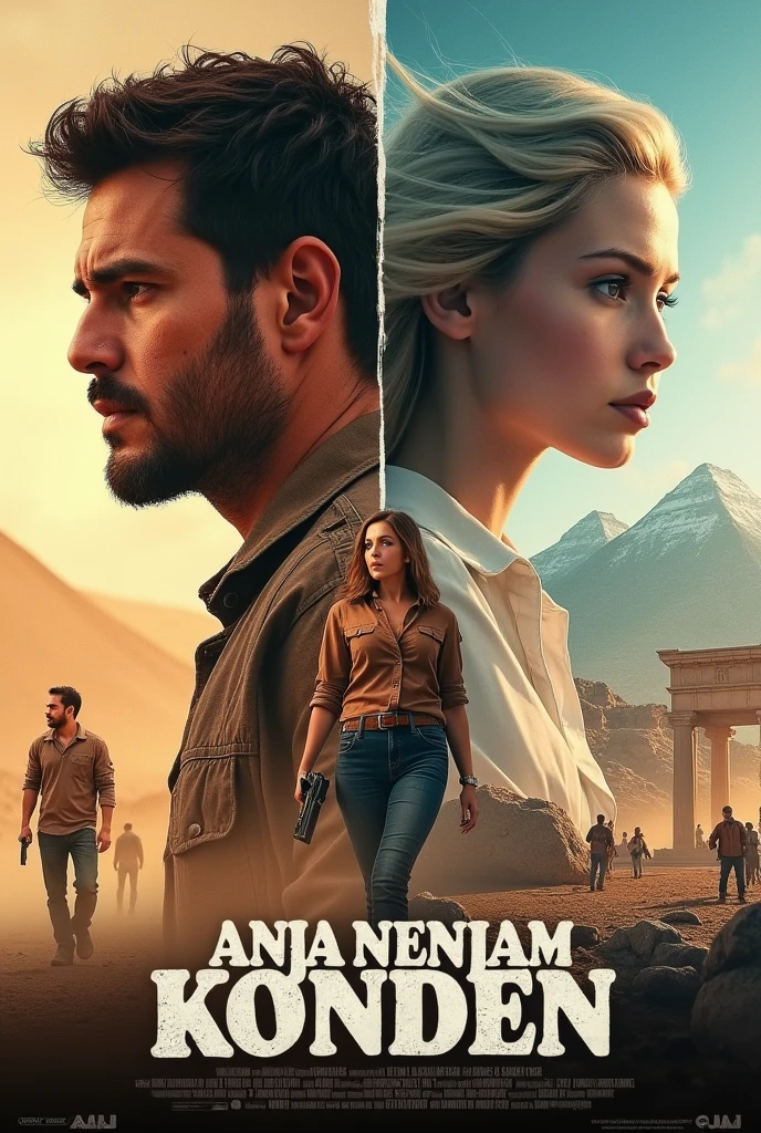 Capa de um livro que tenha uma porta antiga, fechadura, montanhas e um casal