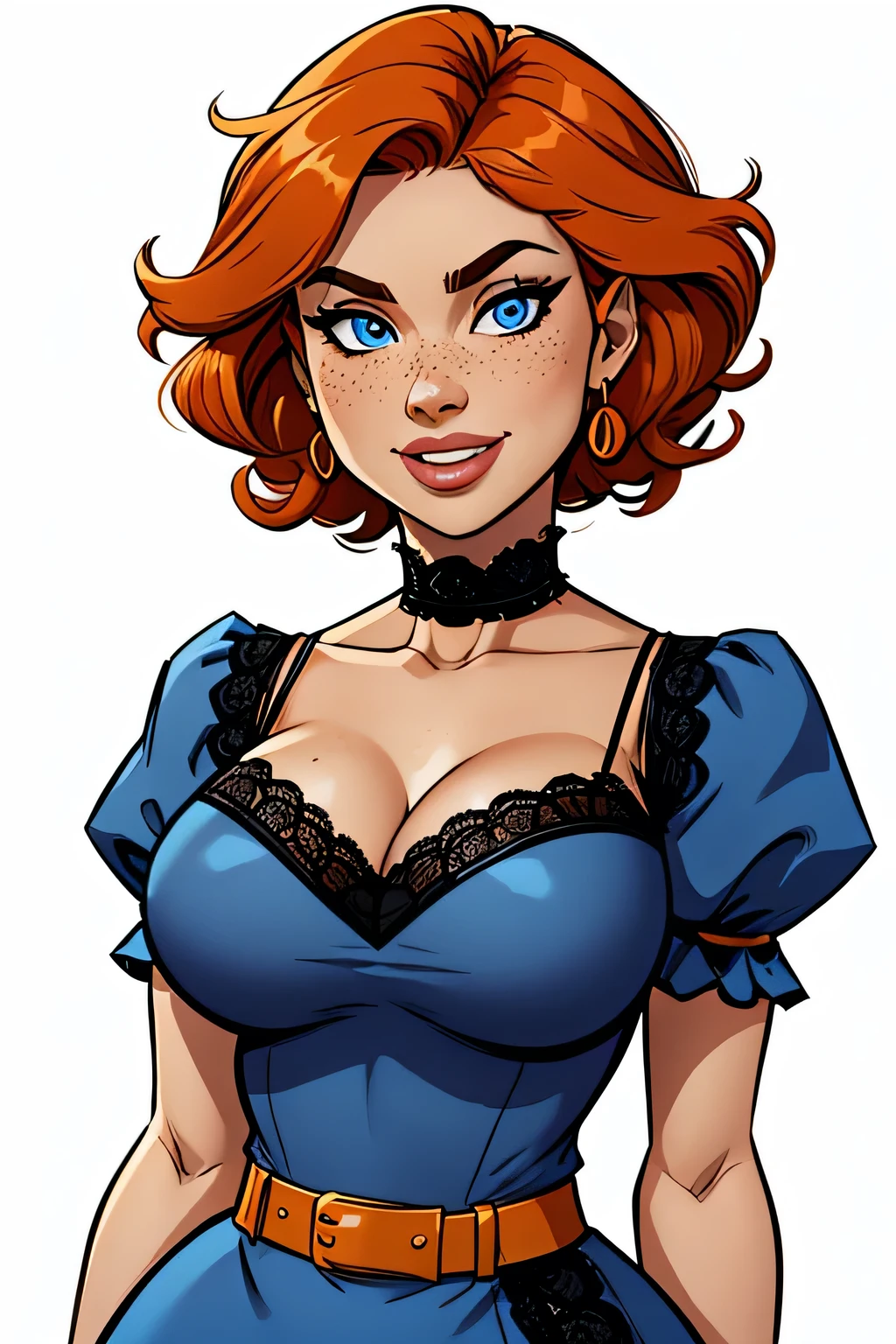 Slim and athletic woman, 25 years, 8k (( high definition)), smiling, seductive look, blue eyes, wearing blue dress ((with lacy V-neck and short puffy sleeves )), black belt, arms positioned on the sides of the body , white pele, orange hair ((Short and curly)), standing ((upper body)), curvilinear and with freckles on the neck and breasts, large round breasts . Marvel style (( high quality )), white background.