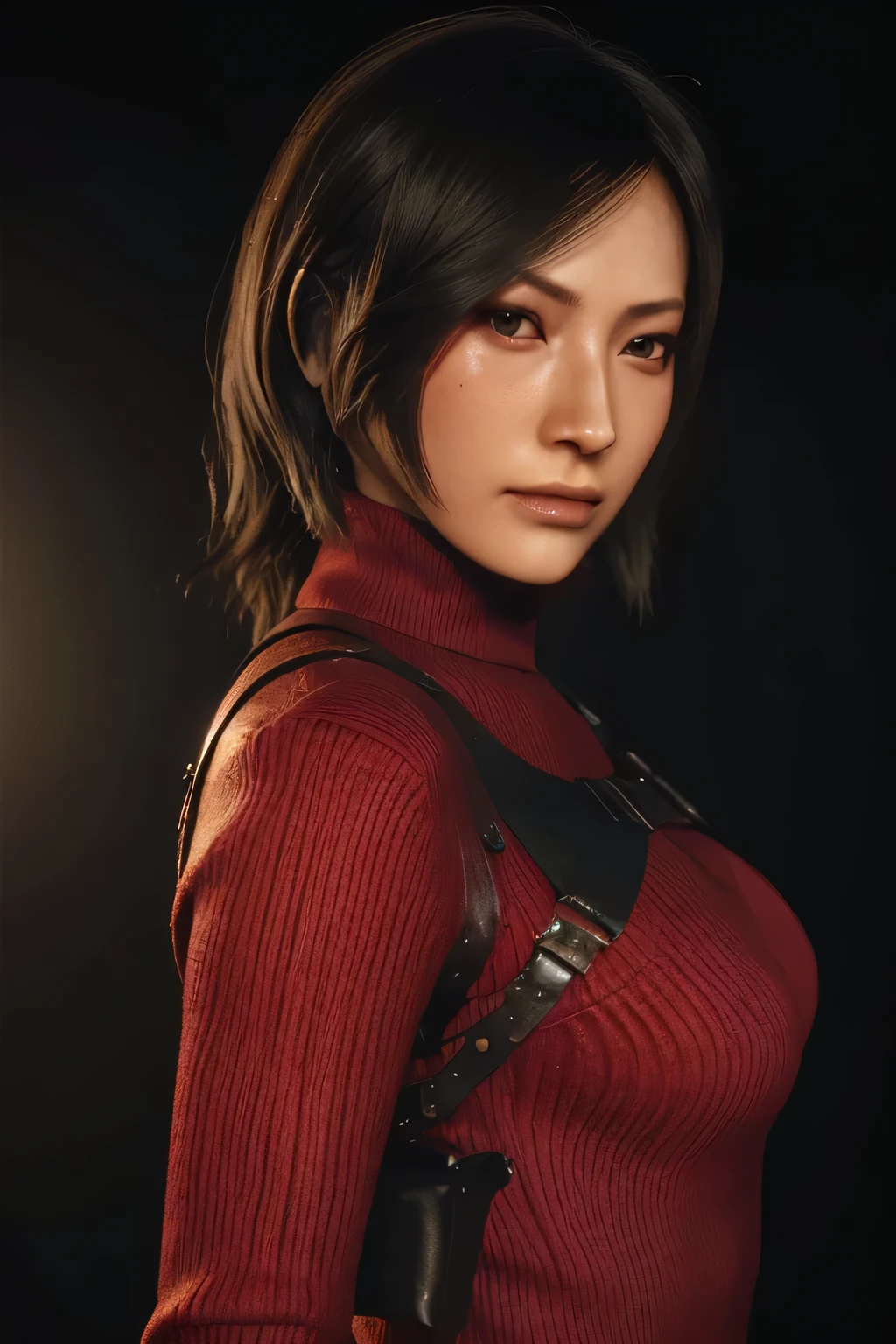 a close up of a woman in a red sweater and black gloves, deayami kojima, inspired by Ayami Kojima, 8k portrait render, akihiko yoshida. unreal engine, game cg, style game square enix, supermodel in silent hill, as a character in tekken, female character, video game character, wearing a scarlet hoodie, (from side), (long shot: 1.0), (looking opposite to the camera: 1.2), (detailed face and skin:1.4), ada looking at the camera