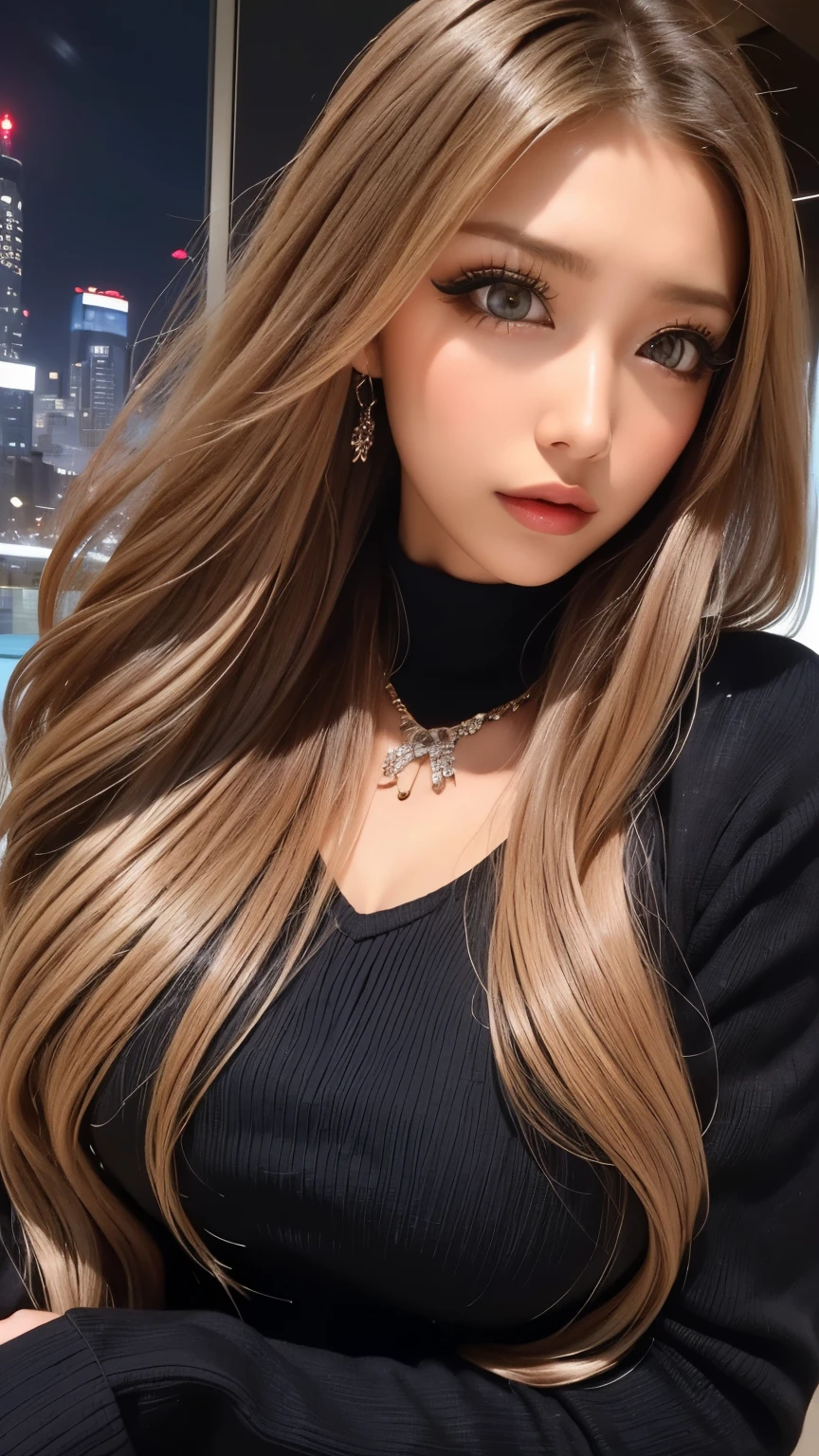 (   Cowboy Shots  、  Best Quality  、8k、Award-winning works、     Ultra High Definition )、Beautiful woman、(  She shows off her perfect body in a black sweater , Sexy Breasts:1.1)、Perfect big 、(blonde:1.1)、 Bright Colored Contacts 、Perfect gal makeup、   bright and shining  、 lipstick with conspicuous armpit sweats on T-shirts   、(  very heavy gal makeup :1.2)、(   Harry Winston Necklace   :1.1)、 Beautiful Bright Eye Shadow 、 dark makeup 、(Big Breasts:1.2)、 Very Long Wavy Hair 、(Romantic affection:1.1)、  、(   } Dark brown beige around the eyes   ....:1.1)、(Strongly blurred、    vividly showing night pools at luxury hotels  :1.1)、(Strongly blurred background:1.1)、 accurate anatomy 、   ultra HD hair、(     Ultra High Definition の完璧な美しい歯:1.1)、  Ultra High Definitionの美しい顔 、   ultra HD hair、 see-through bang 、Ultra HD Shining Eyes、輝く     Ultra High Definition の美肌、     Ultra High Definition の艶やかな唇、   Harry Winston necklace   