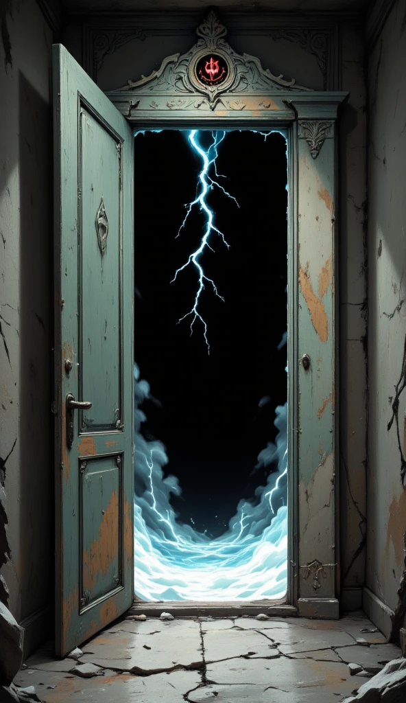 A cheap, old, and ordinary door that looks like it might fall apart at any moment is open. Behind the door is pitch black, with electrical discharges and sparks, and it feels as if you are being transported to another dimension. A clear, delicate, and high-quality art piece.