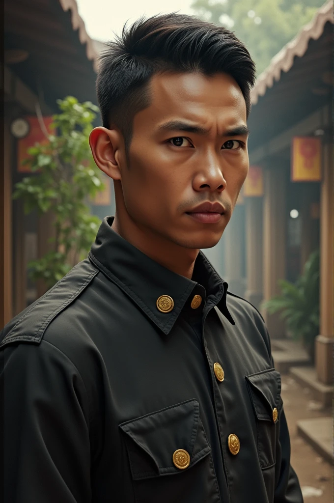 make me a portrait of Philippine hero Andres Bonifacio; body type: Asian, Filipino; body color: brown; hair color: black; face: yelling, sweaty; background: red color flag with the word KKK at the center; Atmosphere: dusty; perspective: center; emotions: angry, ready for battle; resolution: high, cinematic, hyper-realistic, detailed.
