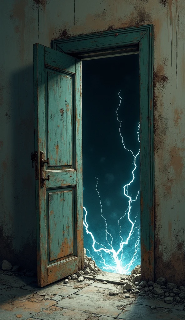 A cheap, old, and ordinary door that looks like it might fall apart at any moment is open. Behind the door is pitch black, with electrical discharges and sparks, and it feels as if you are being transported to another dimension. A clear, delicate, and high-quality art piece.