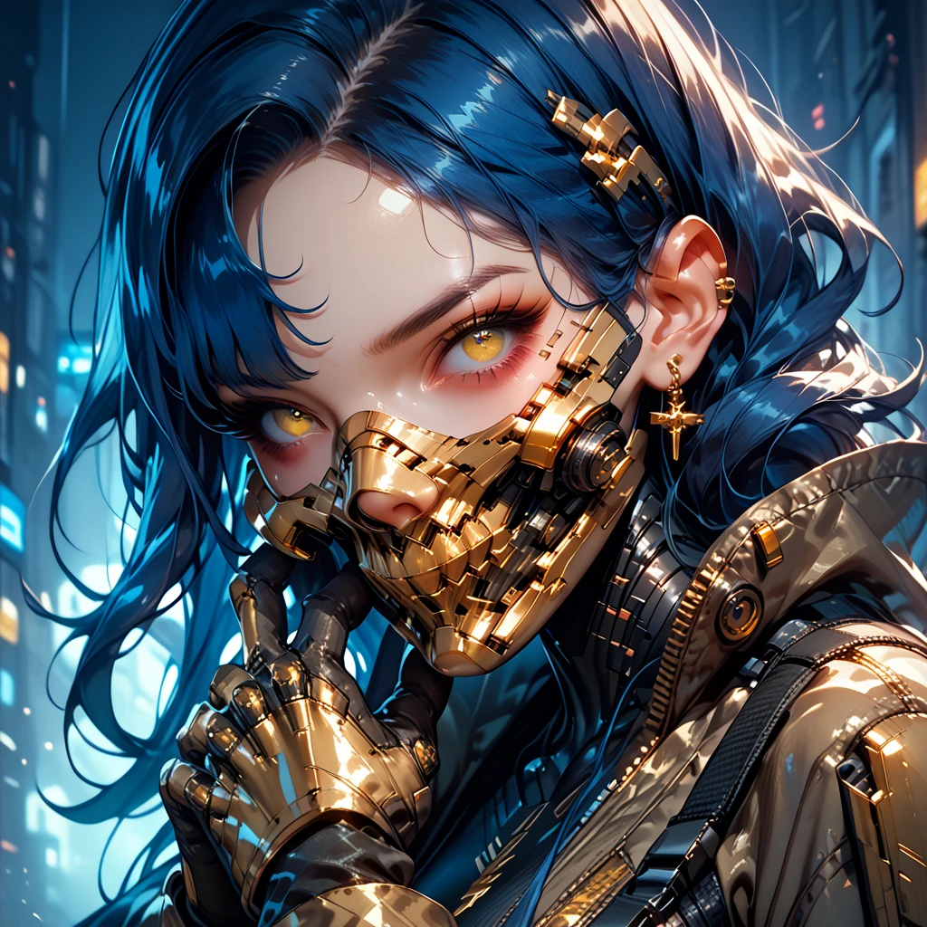 1 woman with darkblue hair, gold tech eyes, gold mask over mouth, tight bodysuit gloves, nightcity cyberpunk backdrop, golden tech arms, crouching
