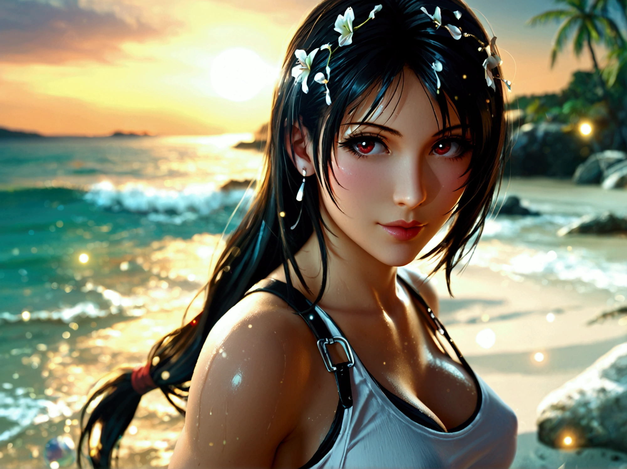 Aerith,FF7, Long Hair, bangs, Brown Hair, bow, ribbon, jewelry, Green Eyes, hair ピンクribbon, Braiding, hair bow, Side Lock, choker, necklace, lips, parted bangs, pink bow, Portraiture, Realistic,Super high quality,high quality,masterpiece,Digital SLR,Detailed explanation,Exquisite details,Anatomical basis,Detailed Description,Detailed face,Realistic skin texture,Sharp details,Perfect ???????,Perfect ???????,Anatomically correct hand,Anatomically correct fingers,Super Detail,Complex 3D rendering,Sexy pose,The beautiful world of Final Fantasy 7,Pink ruffled swimsuit,Wet,Beautiful night sky,A starry sky,Beautiful beaches,Fantastic night beach,shooting star,Fantasy worldview,Picturesque,Pink Lips,smile,Brighten up your expression,