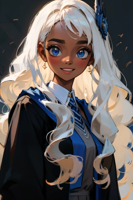 ((Masterpiece:1.5, Best Quality, High Resolution:1.3, Super Resolution, Super Detailed, Ultra Detailed:1.3, Perfect Anatomy:1.5, 1 Female) Dark Skin + White Curly Hair + Light Blue Eyes + Long Eyelashes + Female Figure (Hogwarts Uniform, Black Gray and Blue Color, Ravenclaw) ((Pretty Eyes, Happy Expression))