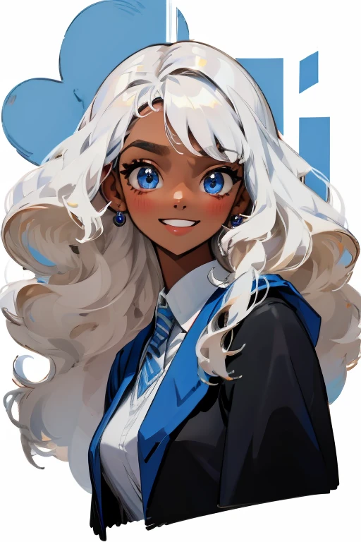 ((Masterpiece:1.5, Best Quality, High Resolution:1.3, Super Resolution, Super Detailed, Ultra Detailed:1.3, Perfect Anatomy:1.5, 1 Female) Dark Skin + White Curly Hair + Light Blue Eyes + Long Eyelashes + Female Figure (Hogwarts Uniform, Black Gray and Blue Color, Ravenclaw) ((Pretty Eyes, Happy Expression))