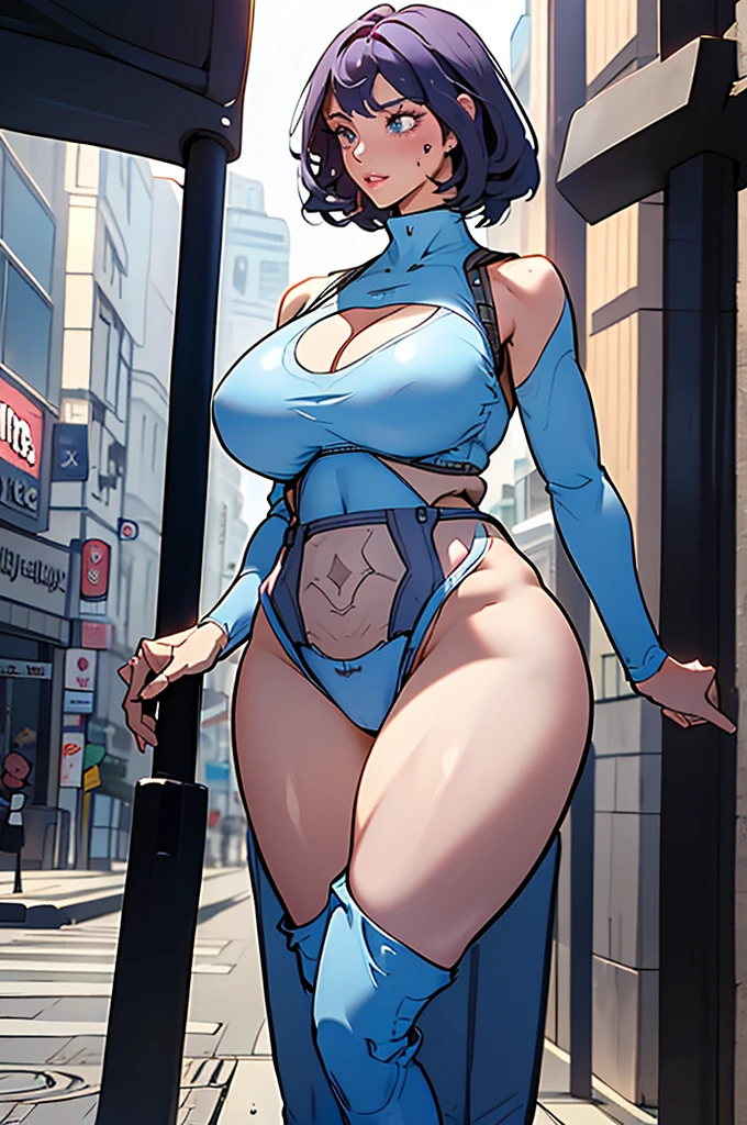 1 (mature american woman:1.2), (slanty_wide_eyes), 30-ish, (muscleale focus, solo), short (bangs part on side 3:7 ratio), blue eyes (detailed eyes), young beautiful pretty cute elegant (curvy motherly gangnam woman) in (tight modern_gangnam_casual_bodysuit:1.5) (with openings, side_slits and cleavage), (modern gangnam street:1.5), (eyelashes), (thigh_gap), (slim_slender_thin_svelte_lissom), (athletic_muscular:1.2), (wide_chest, wide_shoulders:1.1), (gigantic_sagging_bust:1.4), (narrow_waist:1.7), (thick_thighs:1.7), knees, (wide_hips, wide_pelvis:1.7), (warm_smile:1.0), (above_knee:1.3), (arched_back), short hair, looking at viewer, parted lips