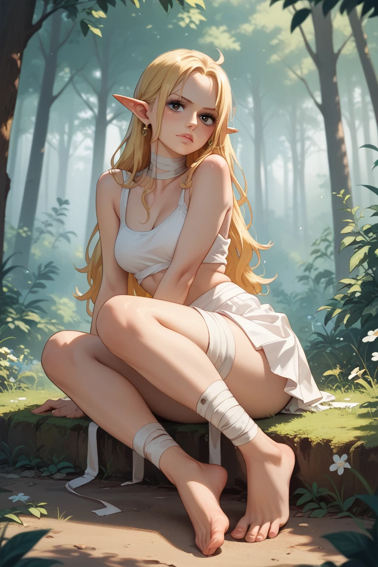 Fantasy, medieval, ((best quality)), ((masterpiece)), (detailed), perfect face, perfect body, beautiful sexy elf, standing, legs spread open, squatting, long white hair, big eyes, black eyeliner, flat chest, freckles, outdoors, gloomy forest, crown of flowers on head, nude, naked