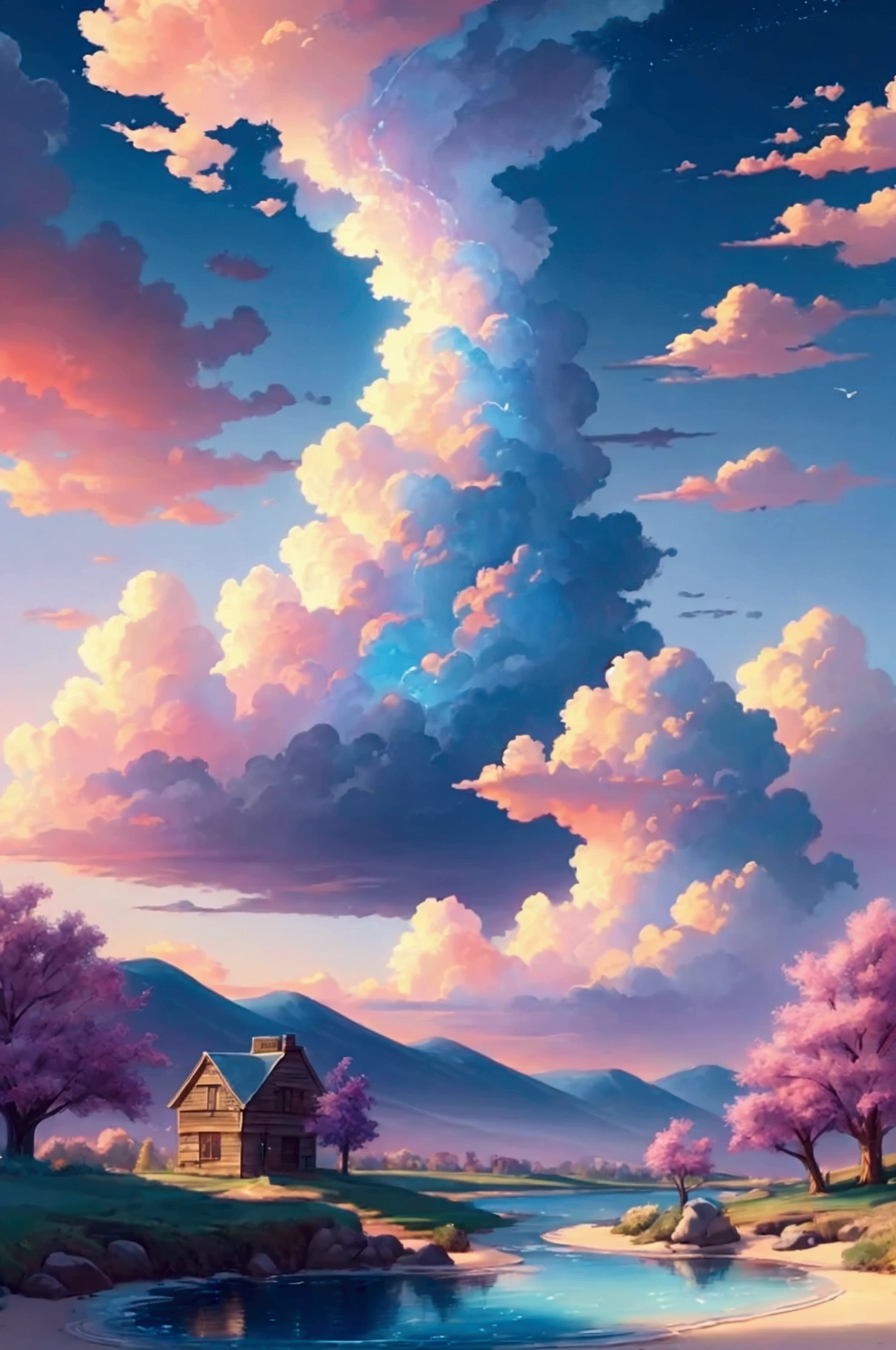 (magical pretty sky blue stream overlay scene), (sky), (clouds), soft lighting, clean background, beautiful sky scenery, masterpiece, high quality, beautiful graphics, high detail,painted by Thomas Kincaid, artstation, sharp focus, inspiring 8k wallpaper,