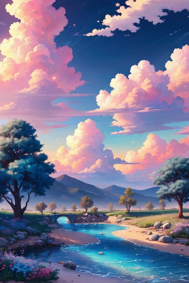 (magical pretty sky blue stream overlay scene), (sky), (clouds), soft lighting, clean background, beautiful sky scenery, masterpiece, high quality, beautiful graphics, high detail,painted by Thomas Kincaid, artstation, sharp focus, inspiring 8k wallpaper,