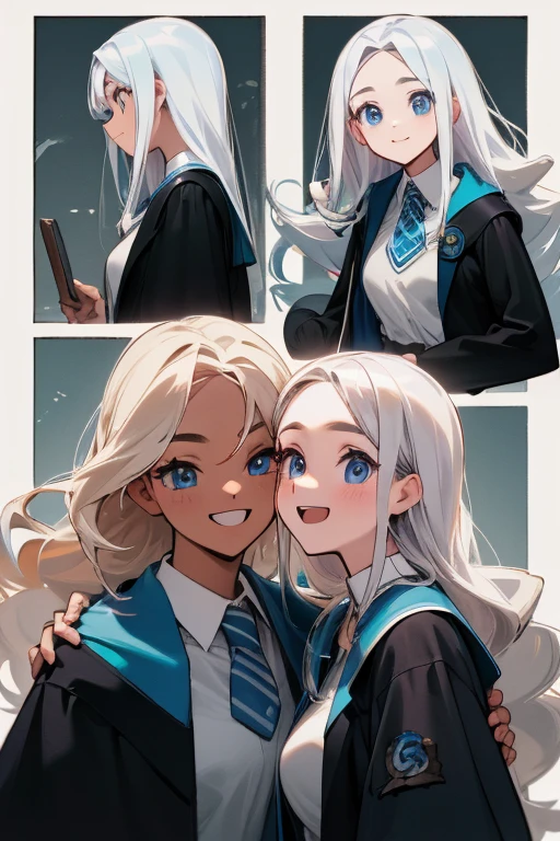 ((Masterpiece:1.5, Best Quality, High Resolution:1.3, Super Resolution, Super Detailed, Ultra Detailed:1.3, Perfect Anatomy:1.5, 1 Female) Dark Skin + White Curly Hair + Light Blue Eyes + Long Eyelashes + Female Figure (Hogwarts Uniform, Black Gray and Blue Color, Ravenclaw) ((Pretty Eyes, Happy Expression))