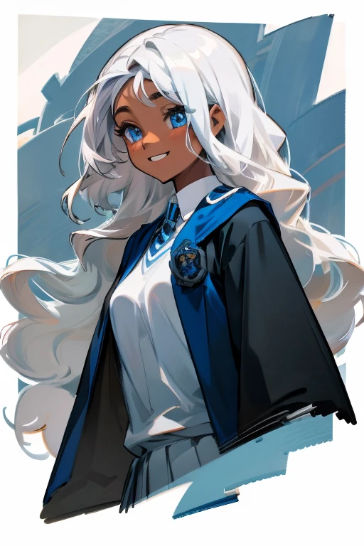 ((Masterpiece:1.5, Best Quality, High Resolution:1.3, Super Resolution, Super Detailed, Ultra Detailed:1.3, Perfect Anatomy:1.5, 1 Female) Dark Skin + White Curly Hair + Light Blue Eyes + Long Eyelashes + Female Figure (Hogwarts Uniform, Black Gray and Blue Color, Ravenclaw) ((Pretty Eyes, Happy Expression))