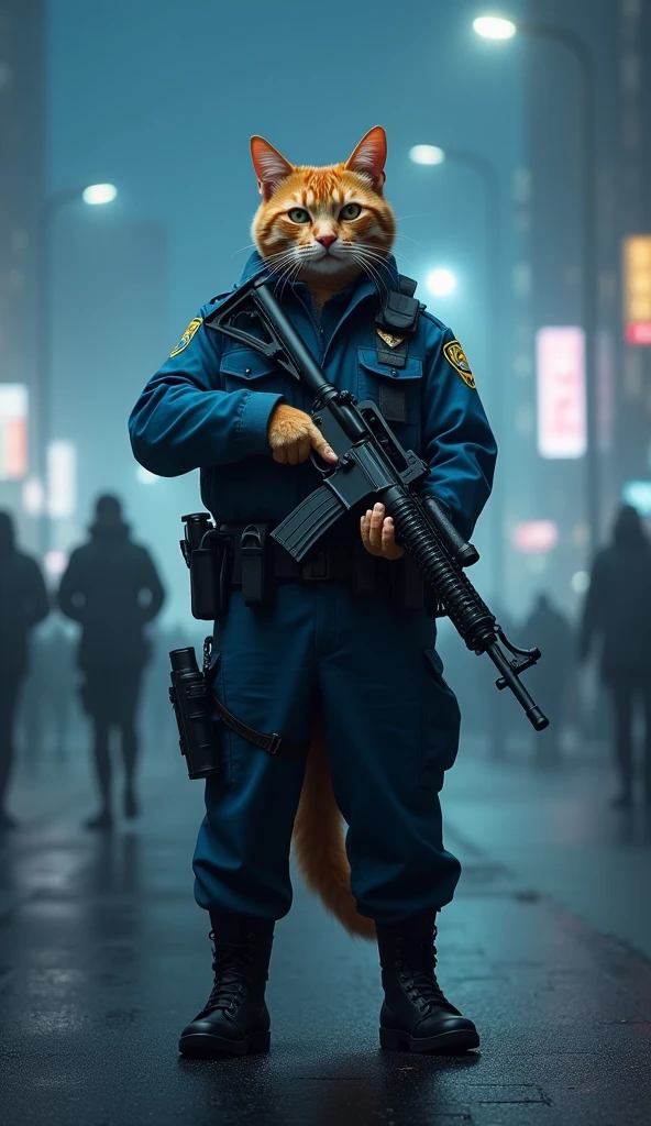Highly detailed and realistic image of a male feline cat with orange fur with closed mouth, full body, standing upright in the center of a well-lit city, on a foggy night. The body of the creature is that of an orange feline cat, male, with a strong and extremely muscular entire body, in a full blue local police uniform armed with a rifle positioned like the attentive police officer that he is. Under dense fog at night, he has a holstered pistol on his belt and wears boots typical of the Police of that district, being in an alert position in defense. In the background, there are people walking back and forth, oblivious to those who guard them.