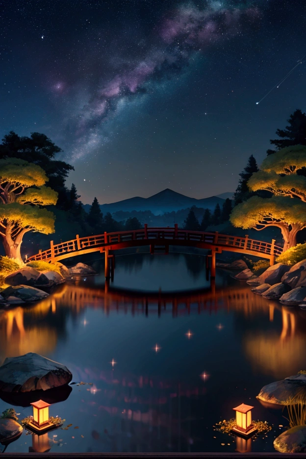 A nightscape inspired by Japanese art, with a garden lit by paper lanterns and a wooden bridge over a tranquil lake. The starry sky is reflected in the water, creating a magical environment. On the shore of the lake, there is a small Zen temple lit by candles, where people come to meditate. The leaves of the trees sway gently in the wind, creating a calm and tranquil atmosphere. vibrant iridescent