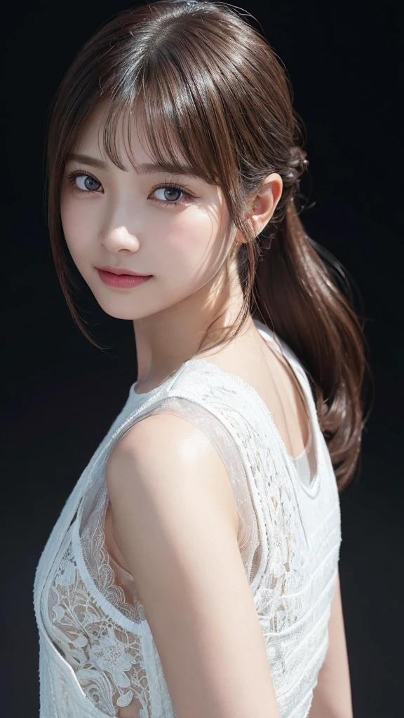 ((cute日本の女の子、beautiful japanese girl、1 girl、19 years old、ponytail、Highly detailed face and skin texture、super detailed face、highly detailed eyes、Lee Hong、blush、close-up of woman、front、cute、Highly detailed face and skin texture、smooth white skin、Transparent skin texture、))、(dark brown hair)、look at the camera、sharp focus：1.2、beautiful woman with perfect style：1.4、japanese model、young gravure idol、若いcuteグラビアアイドル、Realistic young gravure idol、sophisticated gravure idol、((highest quality、8K、masterpiece:1.3、１photograph))、(4K、RAWphotograph、highest quality)、Place someone on the other side of the screen、Natural light、professional lighting、(realistic、フォトrealistic:1.3)、