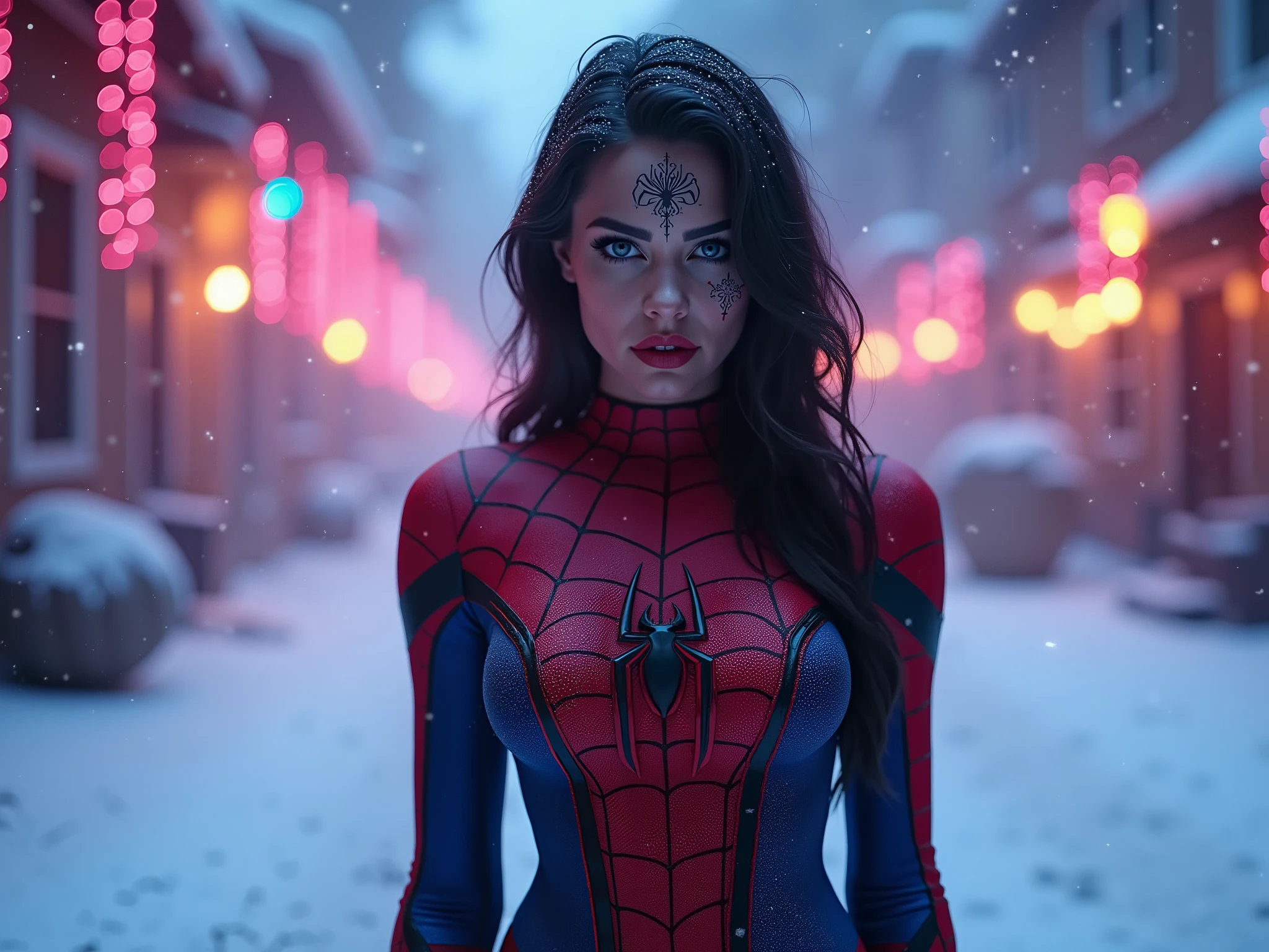 halloween, magical beauty, neon, photorealistic , Beautiful woman , in a spider-man costume, full length, high quality, 4K, face tattoo , snow , neonовые частицы