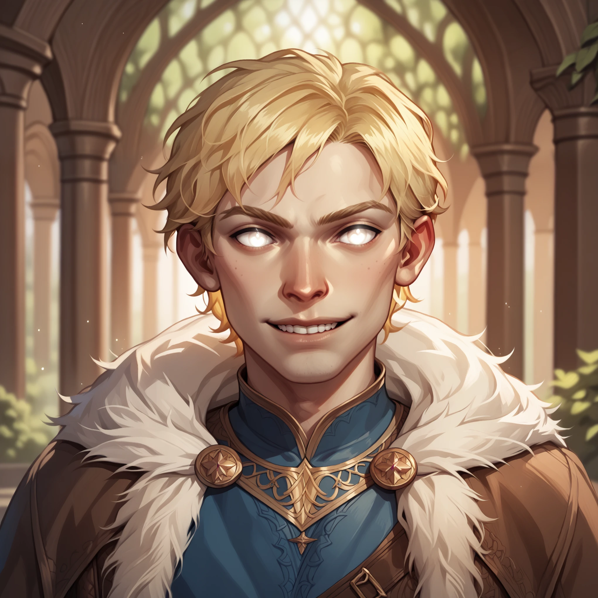 (((beautiful, high quality, comics style, detailed face))), score_9, score_8_up, score_7_up, BREAK, aasimar_protector, 1man, young, twink, curly hair:1.1, blonde hair, ((pale skin, shine)), glowing eyes, white eyes, fur mantel, brown fur cape, tunic ((light blue, fancy fabric)), solo, portrait, upper body, portrait, angelical look, bearing teeth, facing viewer, fantasy outside, MEDIEVAL ROAD, blurred background, Expressiveh, detailxl