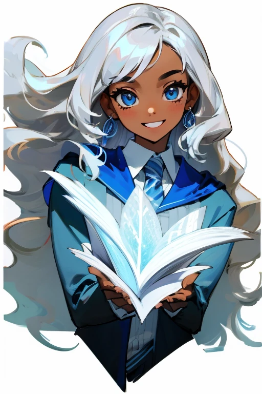 ((Masterpiece:1.5, Best Quality, High Resolution:1.3, Super Resolution, Super Detailed, Ultra Detailed:1.3, Perfect Anatomy:1.5, 1 Female) Dark Skin + White Curly Hair + Light Blue Eyes + Long Eyelashes + Female Figure (Hogwarts Uniform, Black Gray and Blue Color, Ravenclaw) ((Pretty Eyes, Happy Expression))