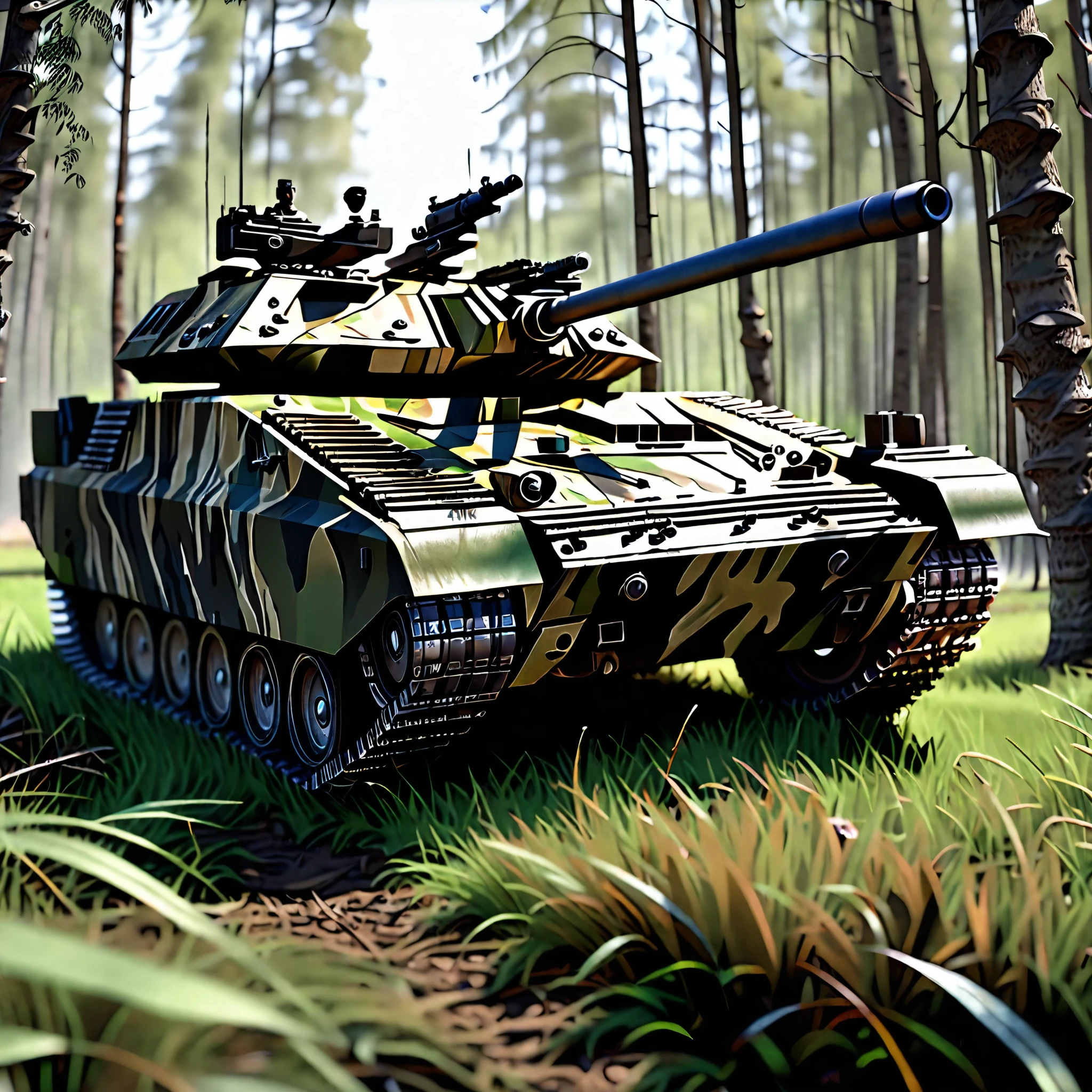  Chieftain tanks running through the woods , are painted with forest camouflage  、( The car body and gun barrel are camouflage with grass and leaves:1.5).Realistic dirt and dents  、Side shot, high quality, High image quality, (masterpiece, 最 high quality4K, 8k:1.5), ultra detail , photorealistic, Dramatic lighting , professional photo shoot,