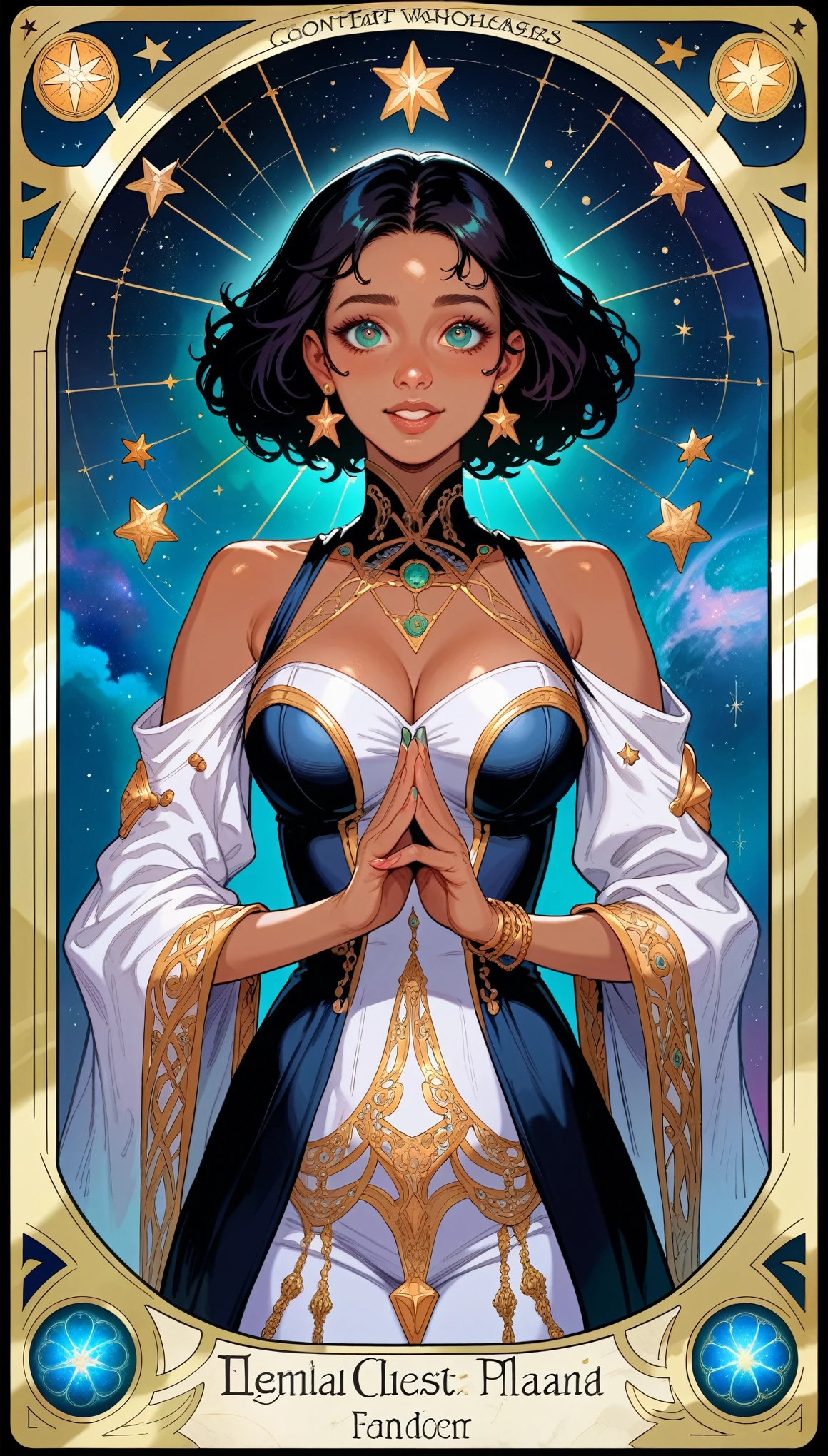 A black and gold tarot card，Galactic Rangers: Design a team of Power Rangers with suits inspired by celestial bodies and phenomena, such as stars, galaxies, comets, and nebulas, tarot design, tarot card art, high-detail + tarot cards, art nouveau tarot style, art deco shaman, tarot card art, tarot design, symmetrical tarot illustration, Tarot card style of , celestial light, stars, wide sea, starry sky, (cute baby face:1.1),(dynamic pose:1.1), thigh , 1girl, marina, dark skin, dark-skinned female,, promotional_art, best_quality