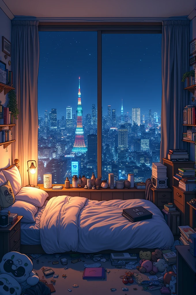 Create a cosy messy and extremely cluttered anime bedroom scene with a ...