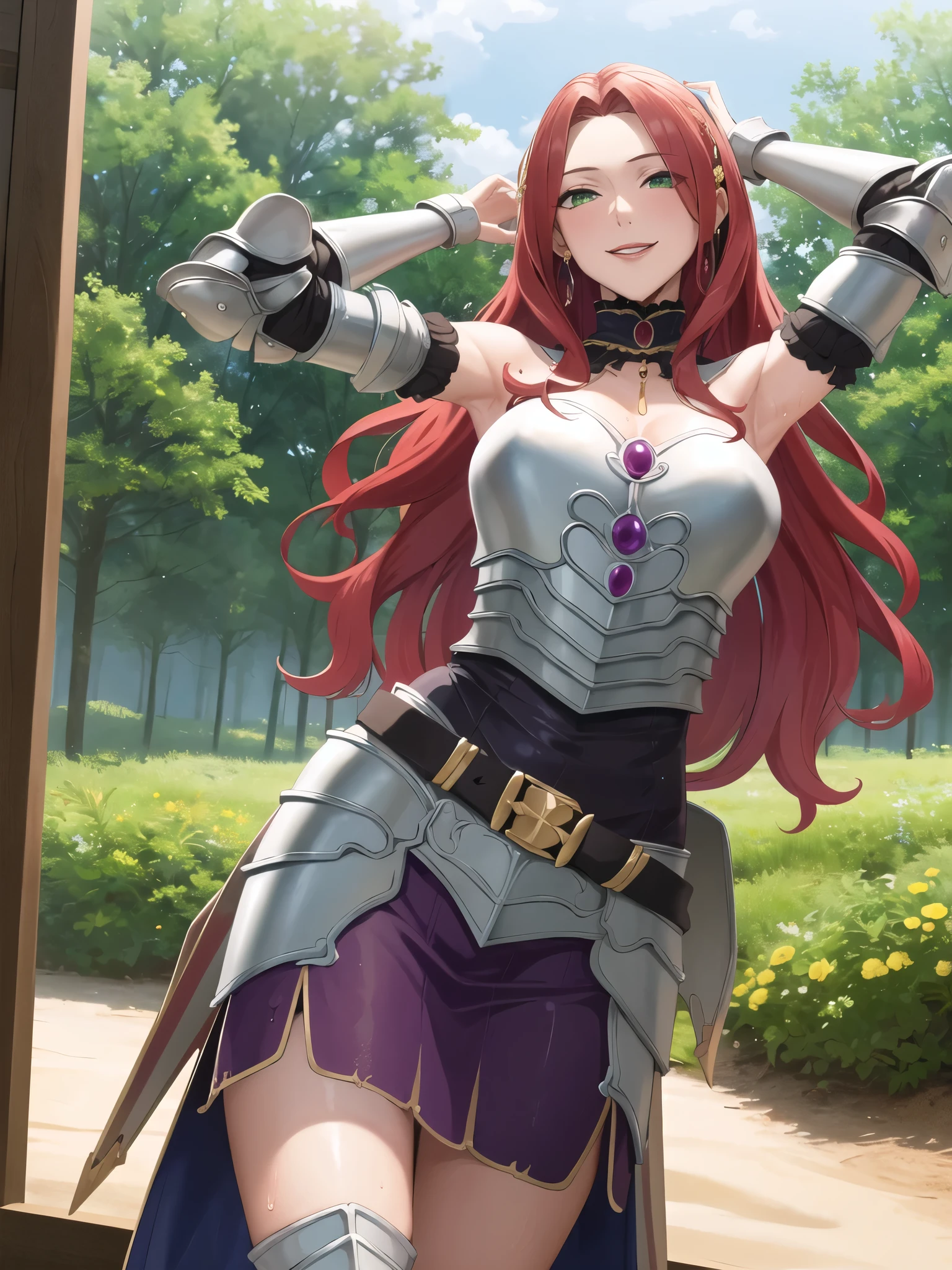  show me her armpits, Watch Viewers , wet skin . bewitching smile, Sexy Poses,masterpiece, Best Quality,  high definition, Amen , Alone, Long Hair,  choker, Cape, armor,  clevis, breastplate, armored dress,  separated sleeve, belt,  purple skirt, Thigh length,  is standing,  Cowboy Shots , town,  ,