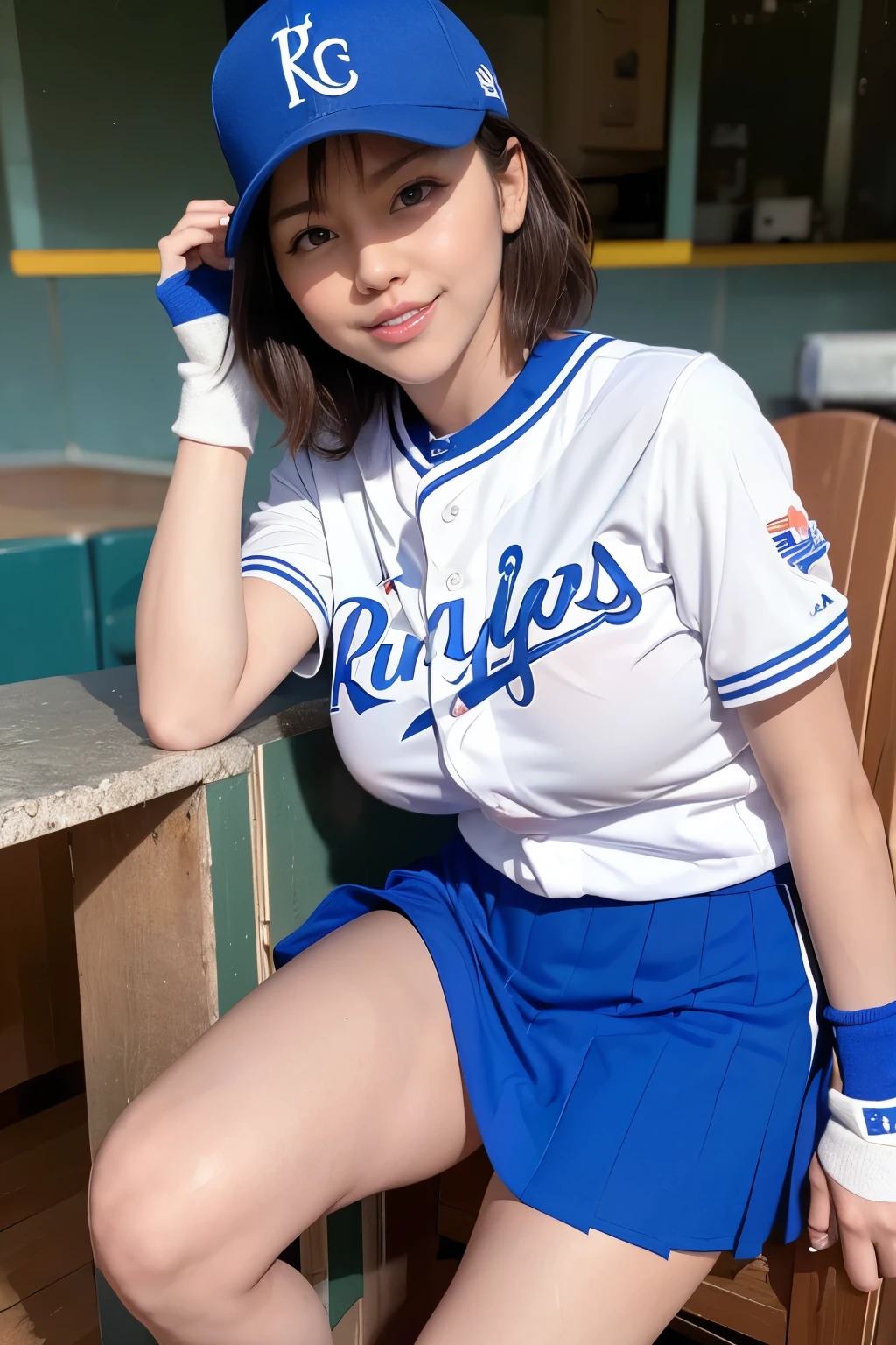 ((best quality)), ((masterpiece)), (detailed), 1girl,baseball player on baseball stadium,((clothed:1.1)),(Kansas City Royals uniform),sexy royal blue and white or light blue baseball uniforms,wearing royal blue baseball cap ,baseball mittens ,hold baseball bats,(pleated mini skirt )((huge breasts:2.0,see through:20,high leg micro pantie)),best smile,crossed arms,hold breasts,standing and style posing ,open legs,(beautiful pussy line),(Protruding pubic hair),