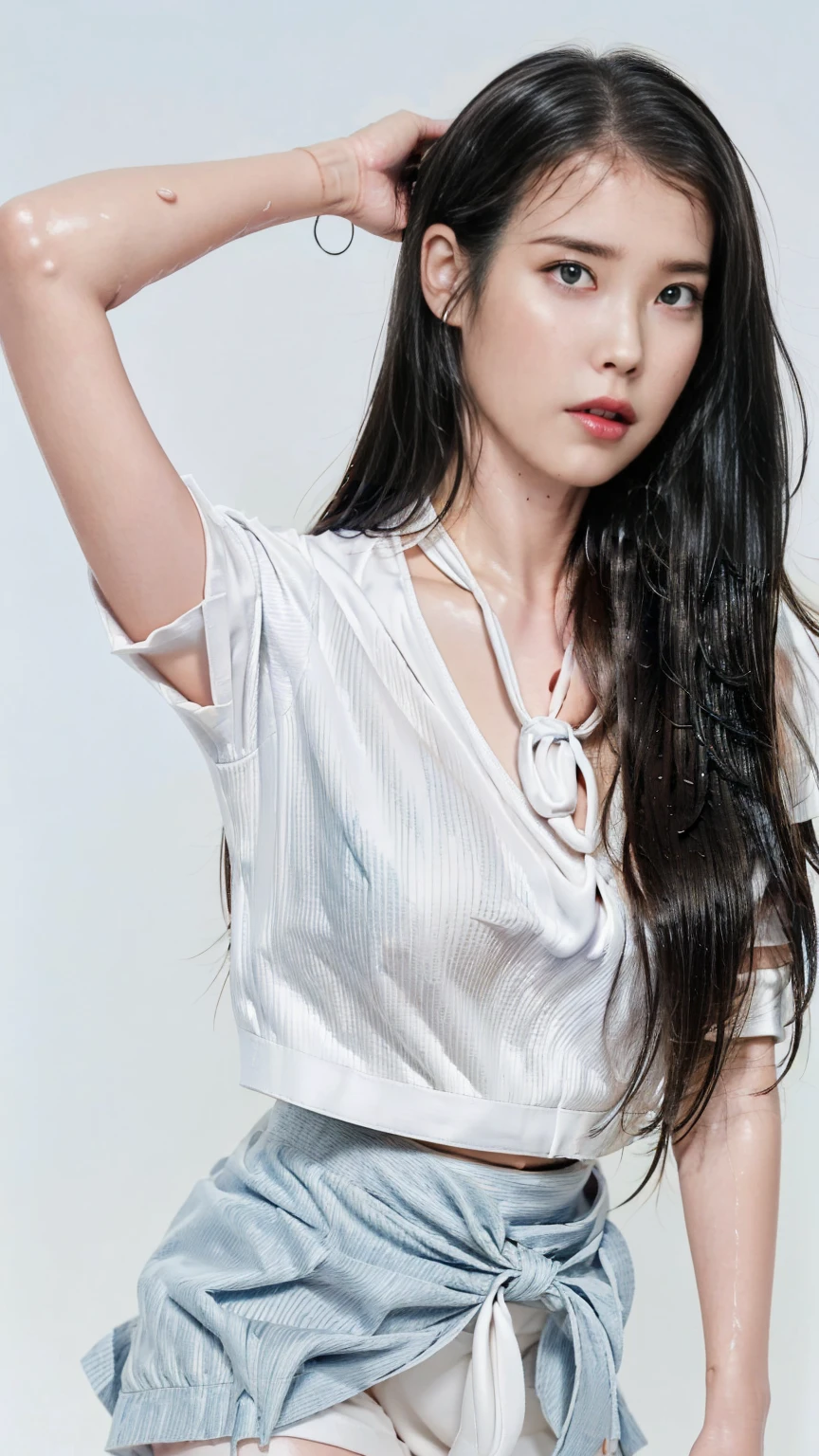 RAW, Best quality, high resolution, Masterpiece: 1.3), Beautiful IU, Masterpiece, ((sweat, sweaty, sweaty skin, wet skin, sweat droplets, wet body, wet face)), long hairstyle, Perfect slim body, Beautiful big eyes, Watery eyes, Soft smile, Wet lips, Big breasts, (((wearing white collar shirt with necktie, half-sided half-skirt hyper shorts:1.3))), perfect body, wide hips, thick thighs, (((sexy seductive view, sexy seductive pose))), she is enjoy rain wash on a rainy city street, her wet clothes trigger attention on nipple shimmering and visible breastpit through her wet clothes, bright lighting, happy, 8k, high quality, beam lighting