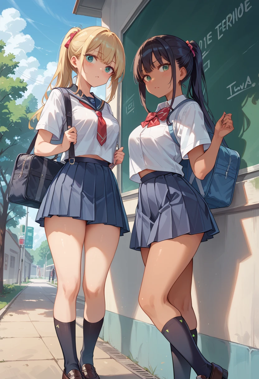 Two muscular high school girls with long silver hair are walking around in miniskirt dresses, showing off their buttocks to people.